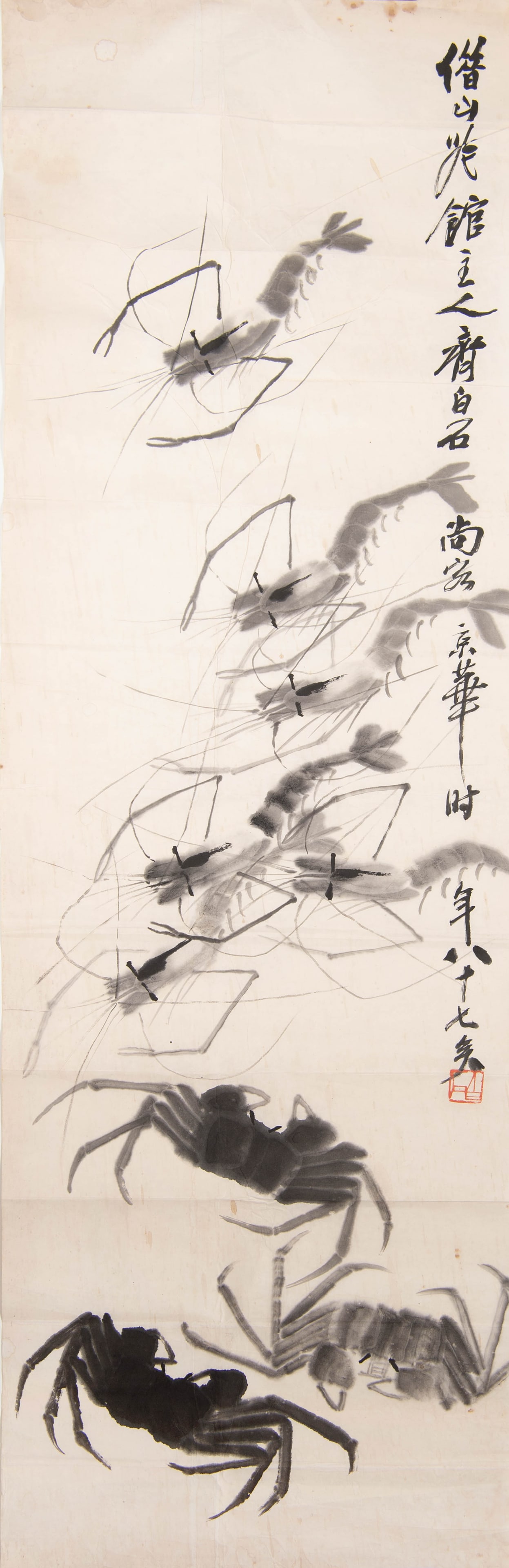 A Chinese painting of shrimps and crabs, signed Qi Baishi (Chinese, 1864-1957): A Chinese painting of shrimps and crabssigned Qi Baishi (Chinese, 1864-1957)Ink on paper. With inscription, signature, and one seal.H: 42 5/8, W: 13 3/8 in.H: 108.27, W: 33.97 cm.Provenan