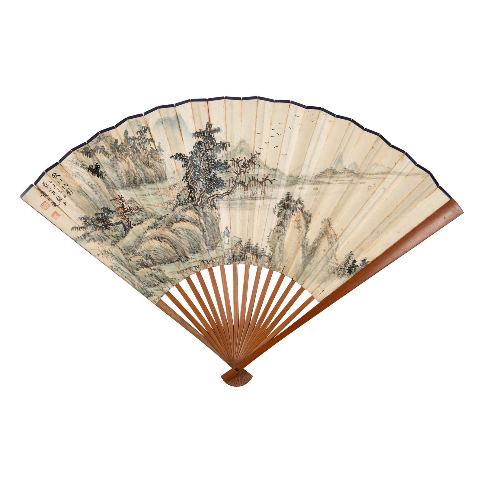 A Chinese fan with landscape painting and calligraphy, signed Huang Xishuang (Chinese, 1906-1967); (1 of 7)