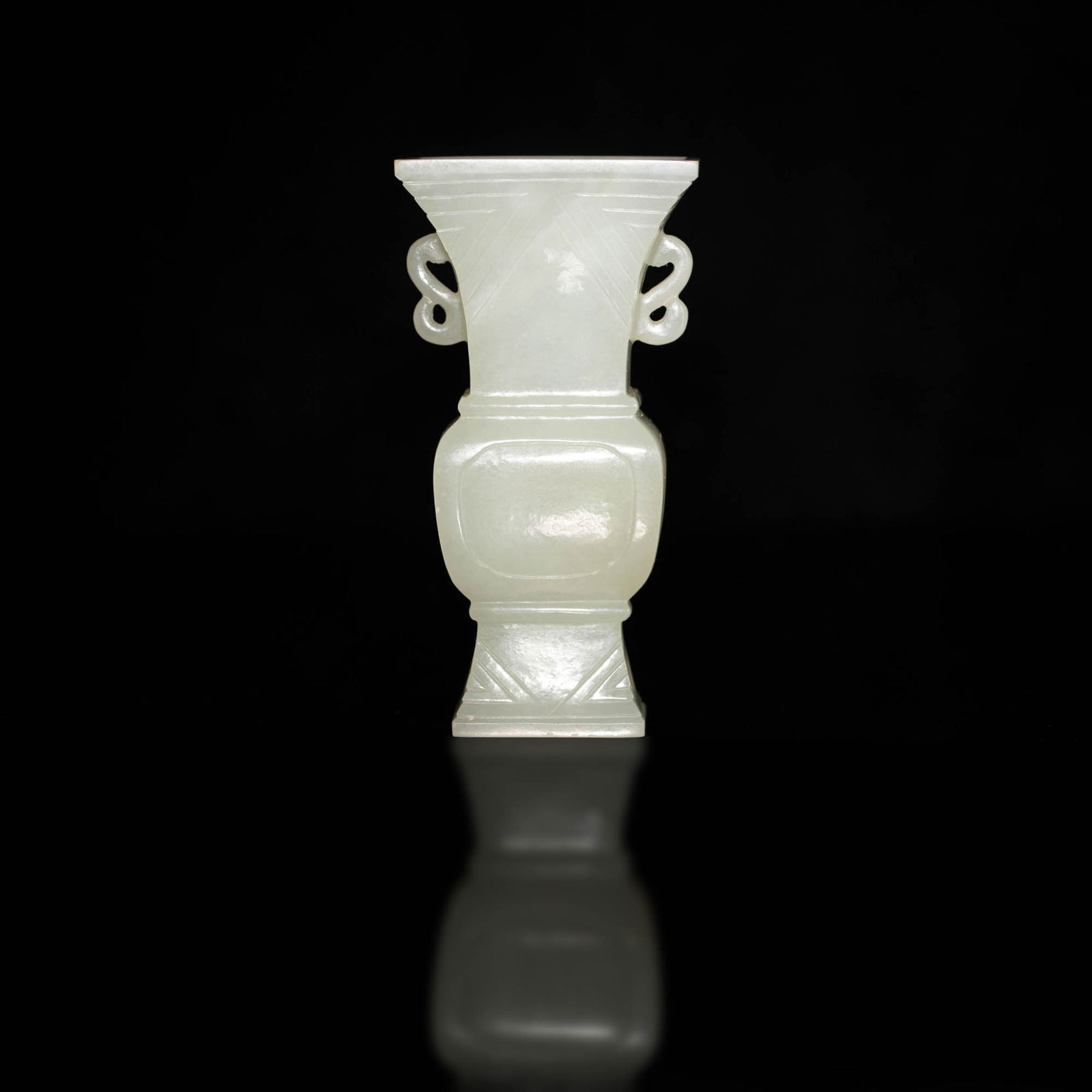 A Chinese carved white jade square-gu vase, 18th century (1 of 6)