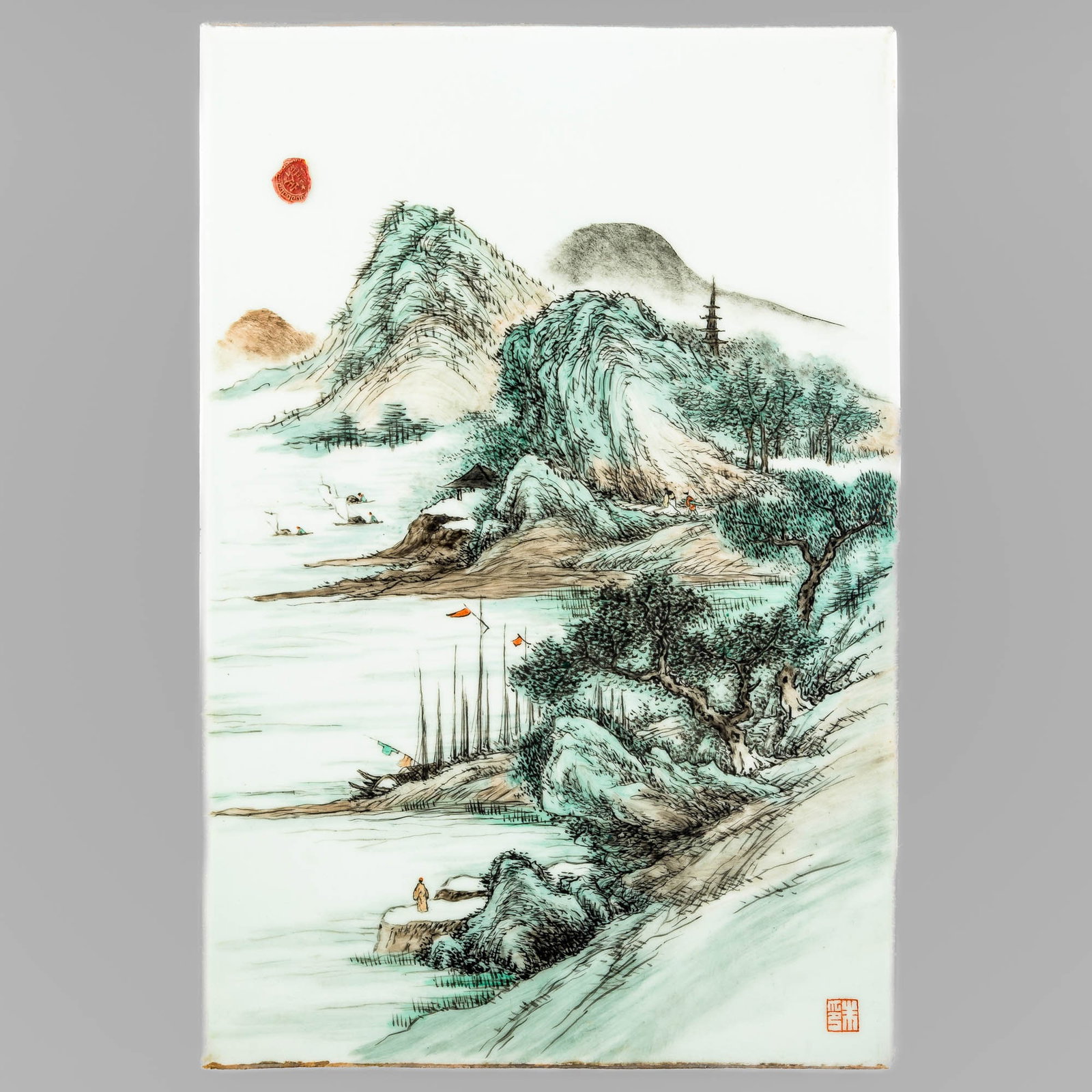 A Chinese famille rose 'landscape' plaque, Republic period (1 of 9)