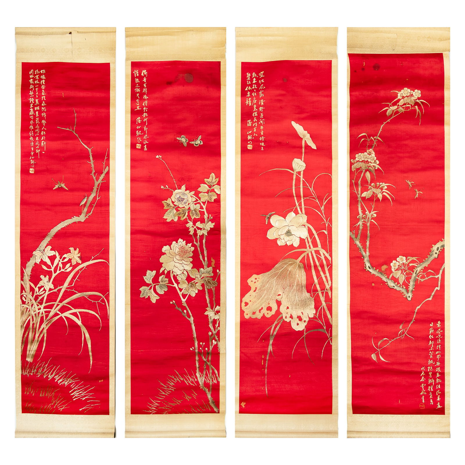 Four Chinese red-ground embroidered 'four seasons' panels, Republic period (1 of 9)