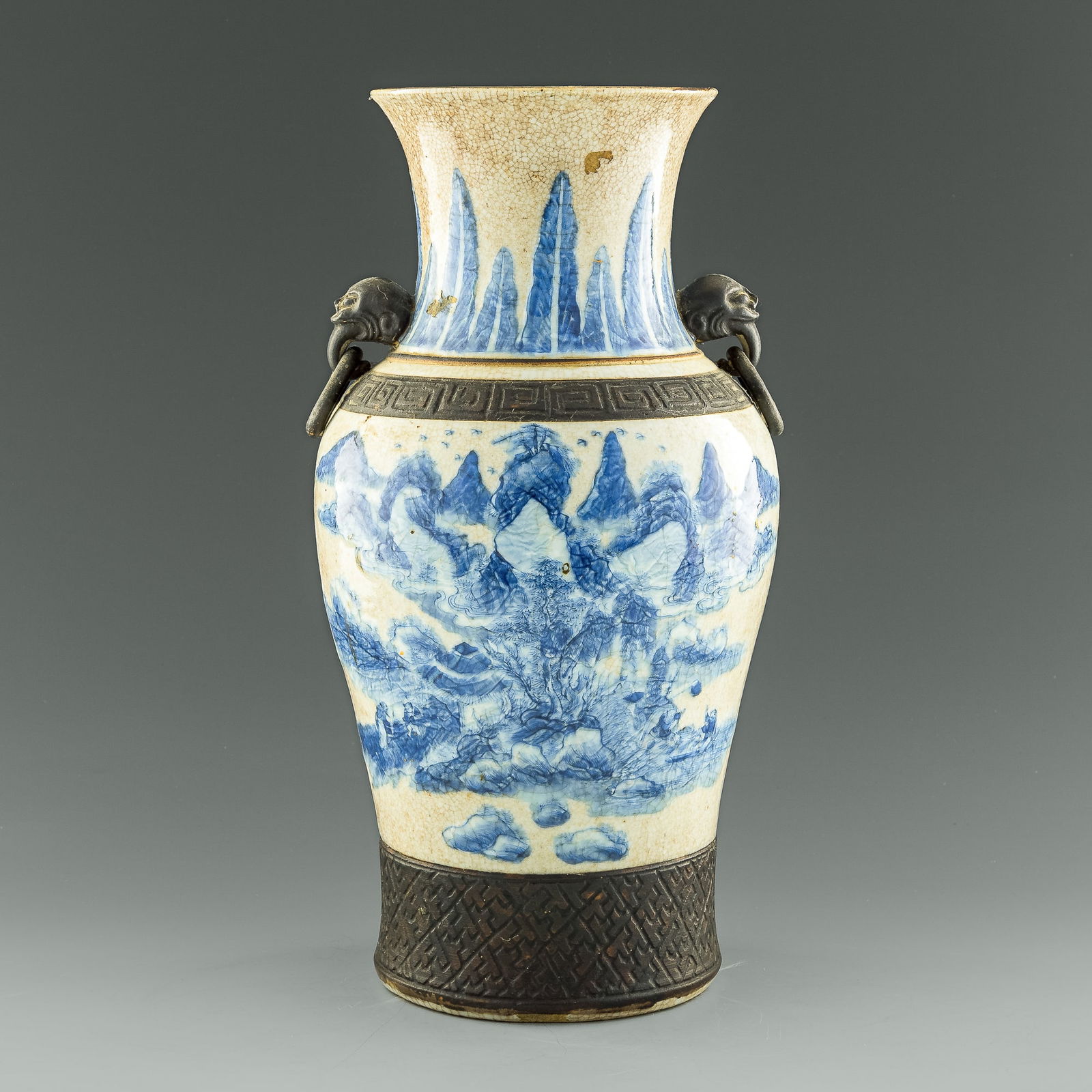 A Chinese ge-glazed blue and white 'landscape' vase, 19th century (1 of 10)