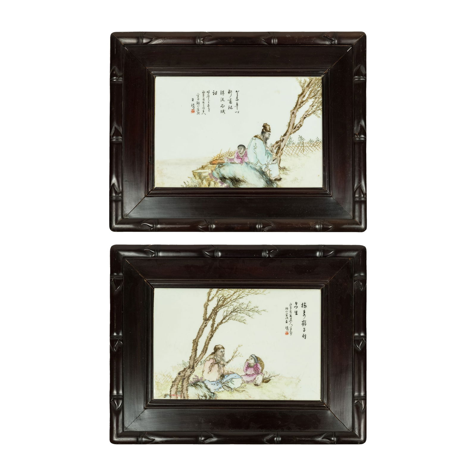 A pair of Chinese famille rose 'figural' plaques, attributed to Wang Qi, 1884-1937 (1 of 9)