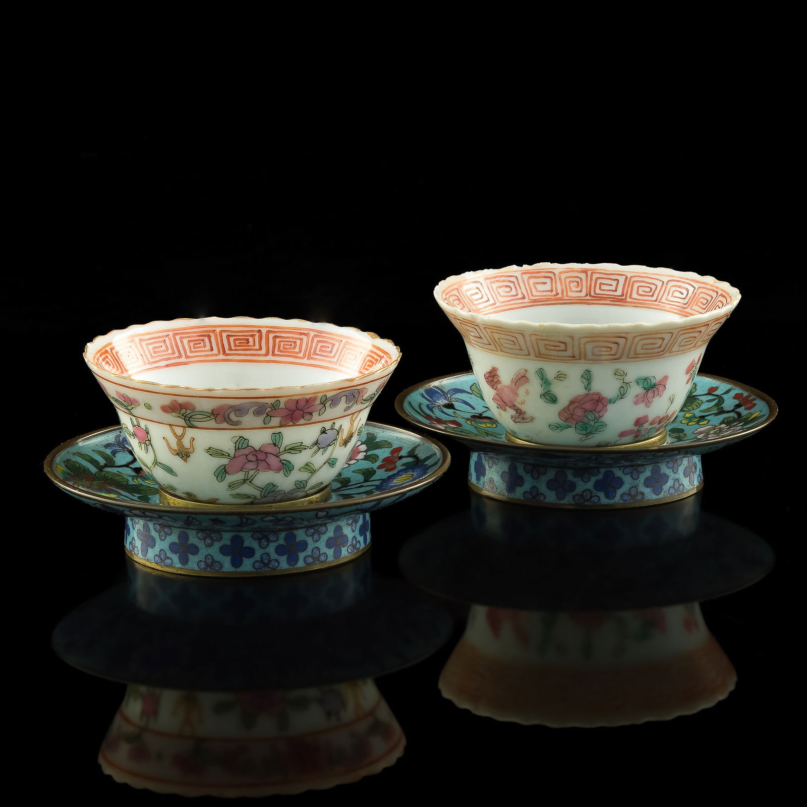 A near-pair of Chinese export famille rose cups with cloisonne saucers, 19th century (1 of 13)