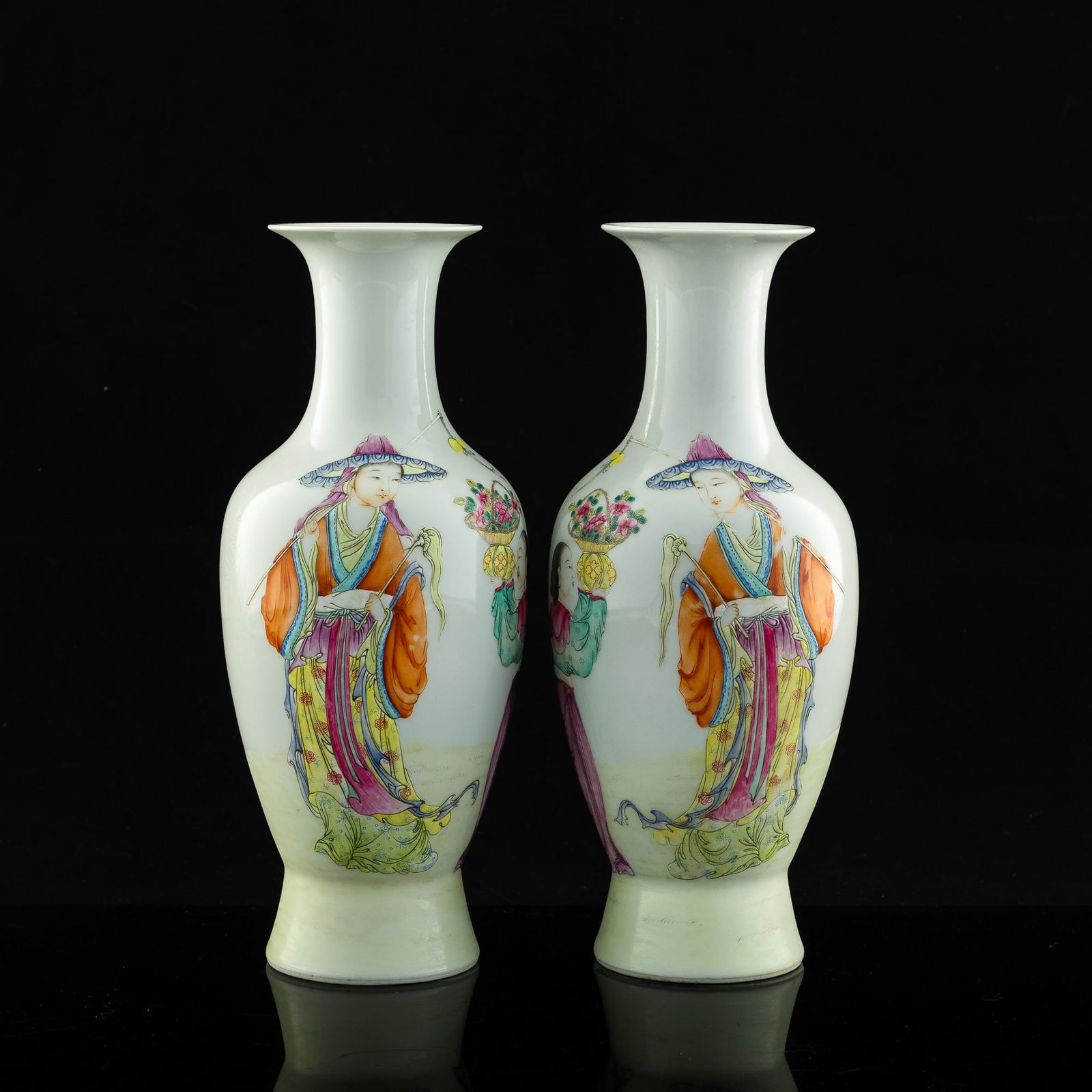 A pair of Chinese famille rose 'figural' vases, Republic period (1 of 8)