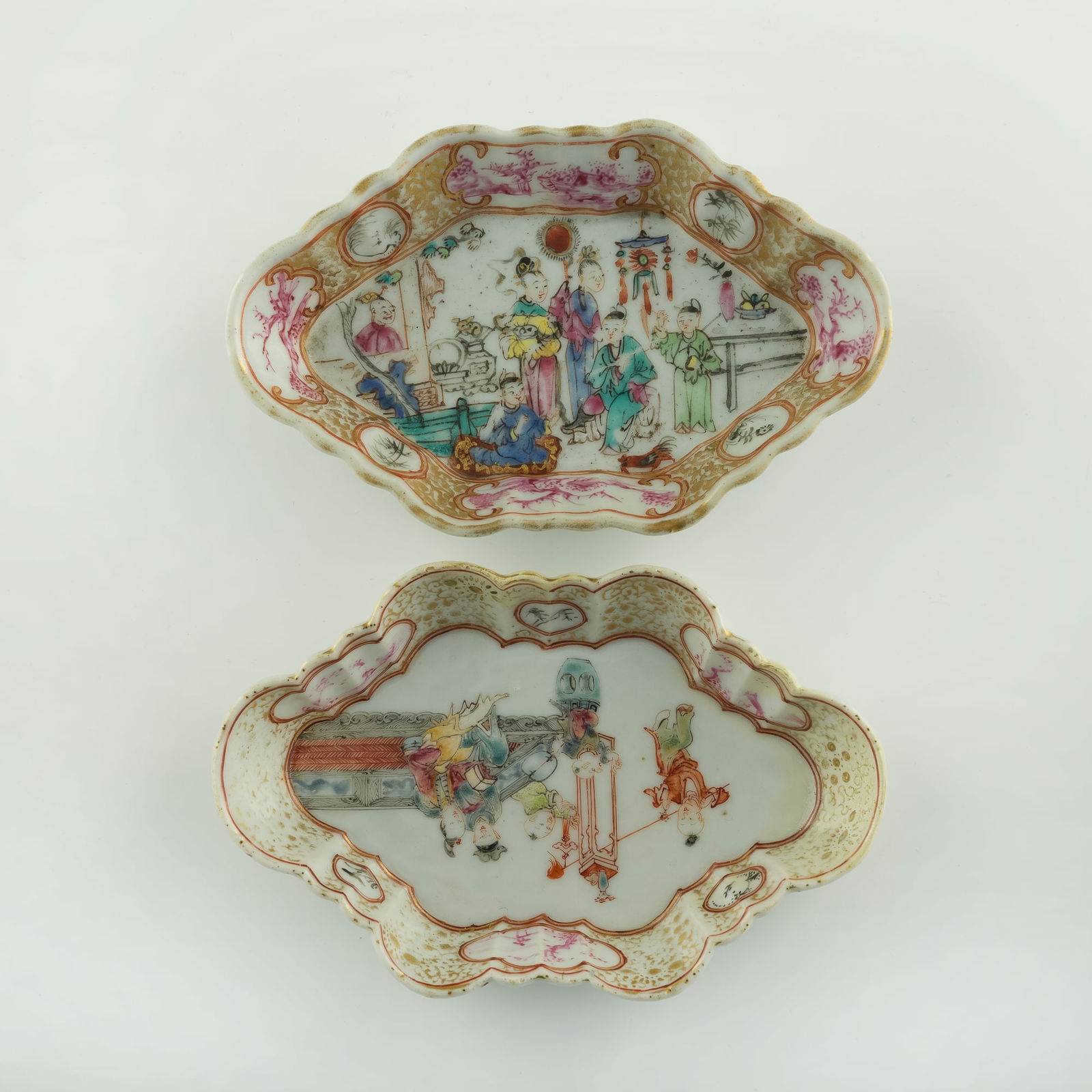 Two Chinese export famille rose 'figural' spoon dishes, 18th century (1 of 5)
