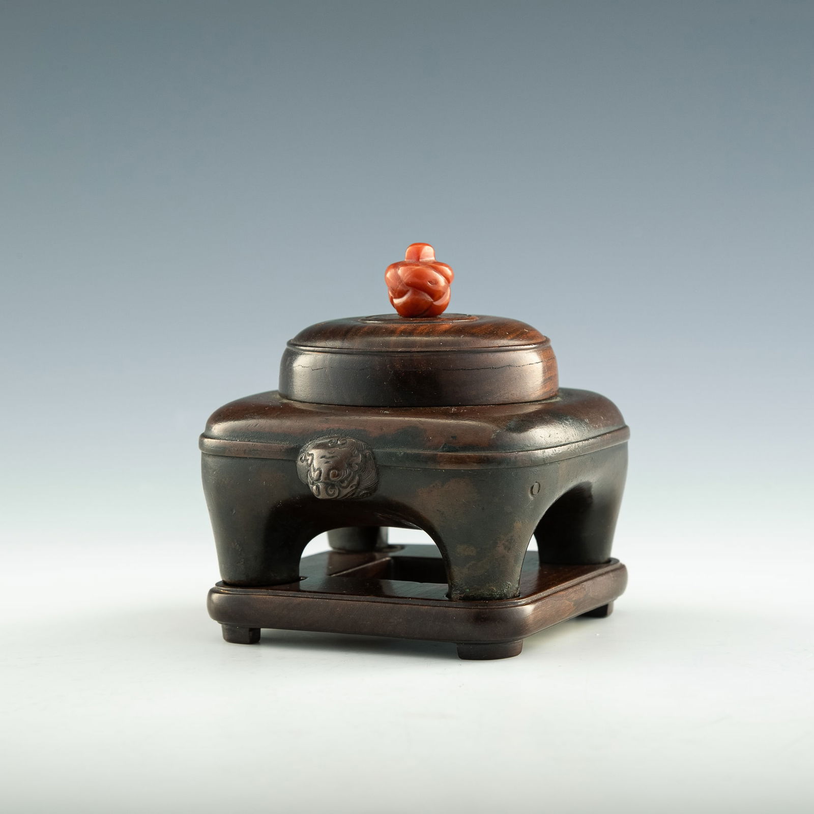 A Chinese square bronze censer with beast-form handles, 18th century (1 of 12)