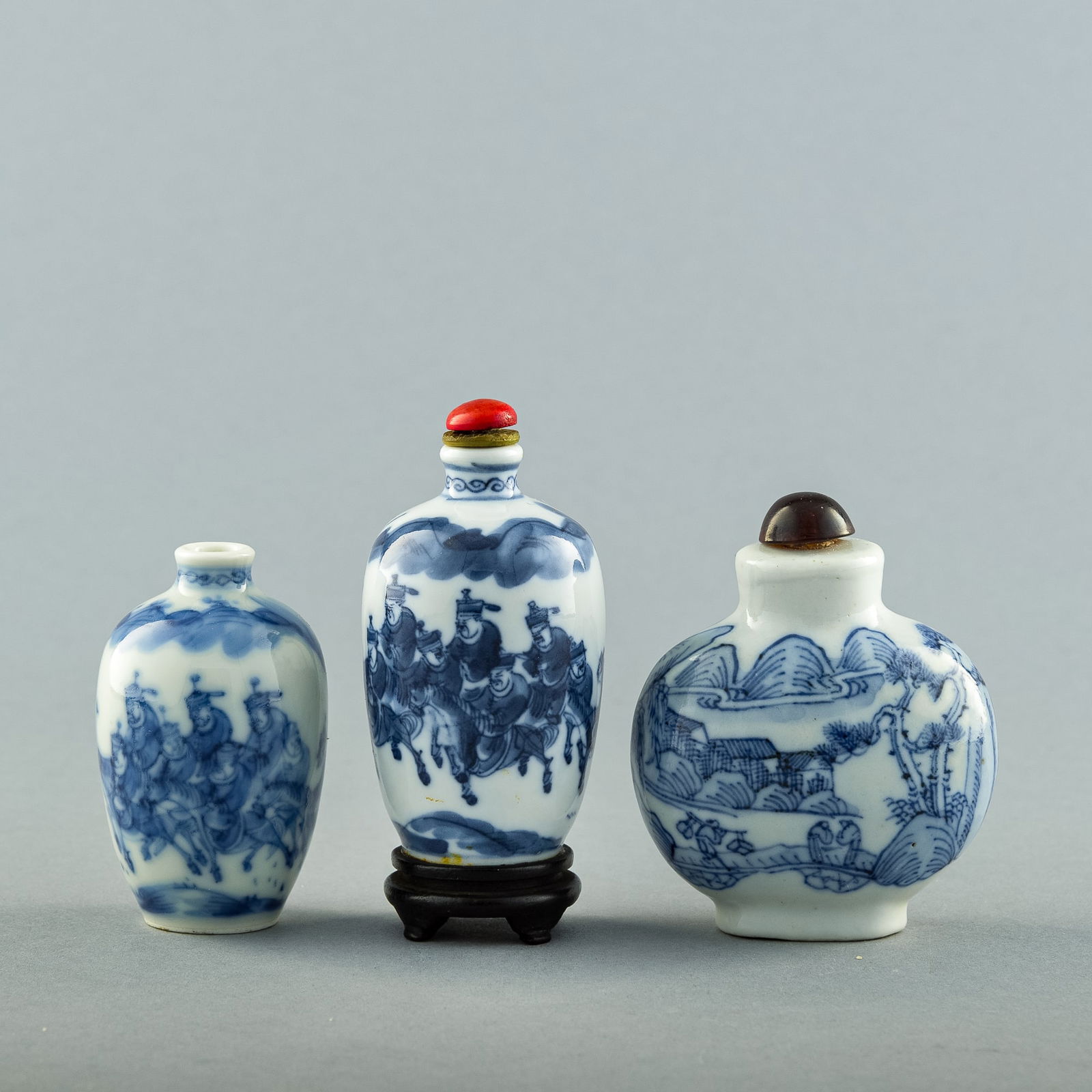 Three Chinese blue and white snuff bottles, 19th century (1 of 7)