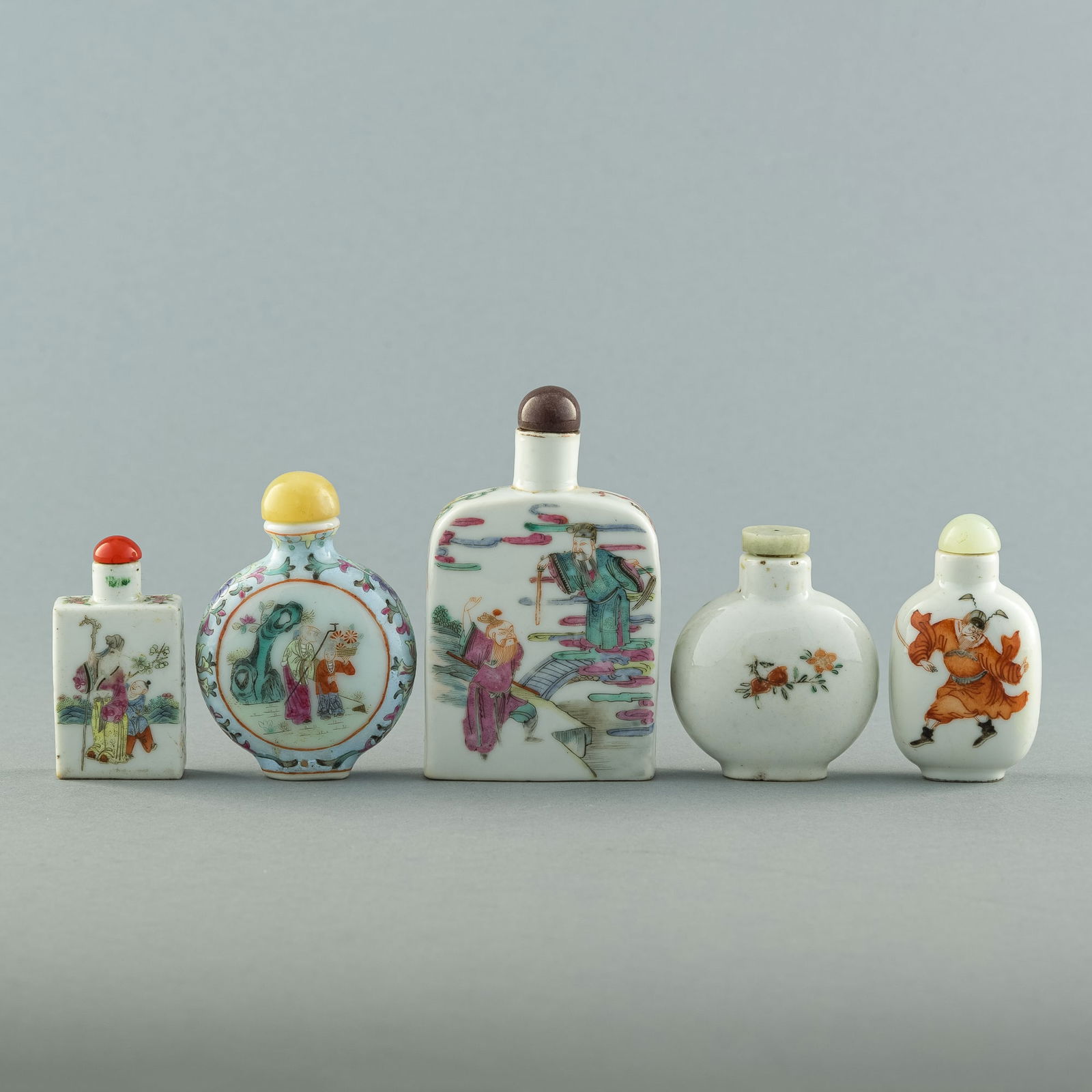 Five famille rose snuff bottles, 19th century (1 of 9)