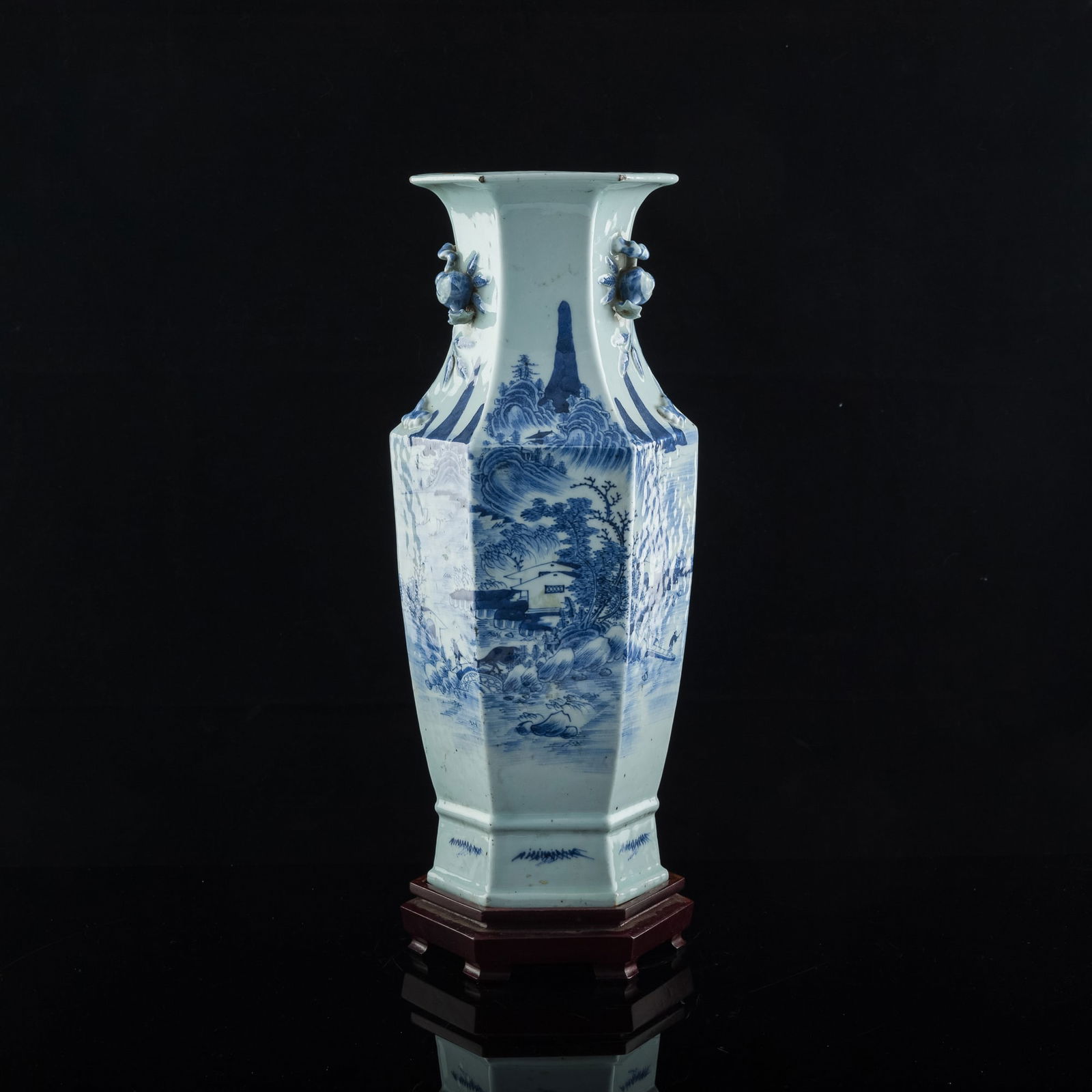 A Chinese blue and white hexagonal 'landscape' vase, 19th century (1 of 11)