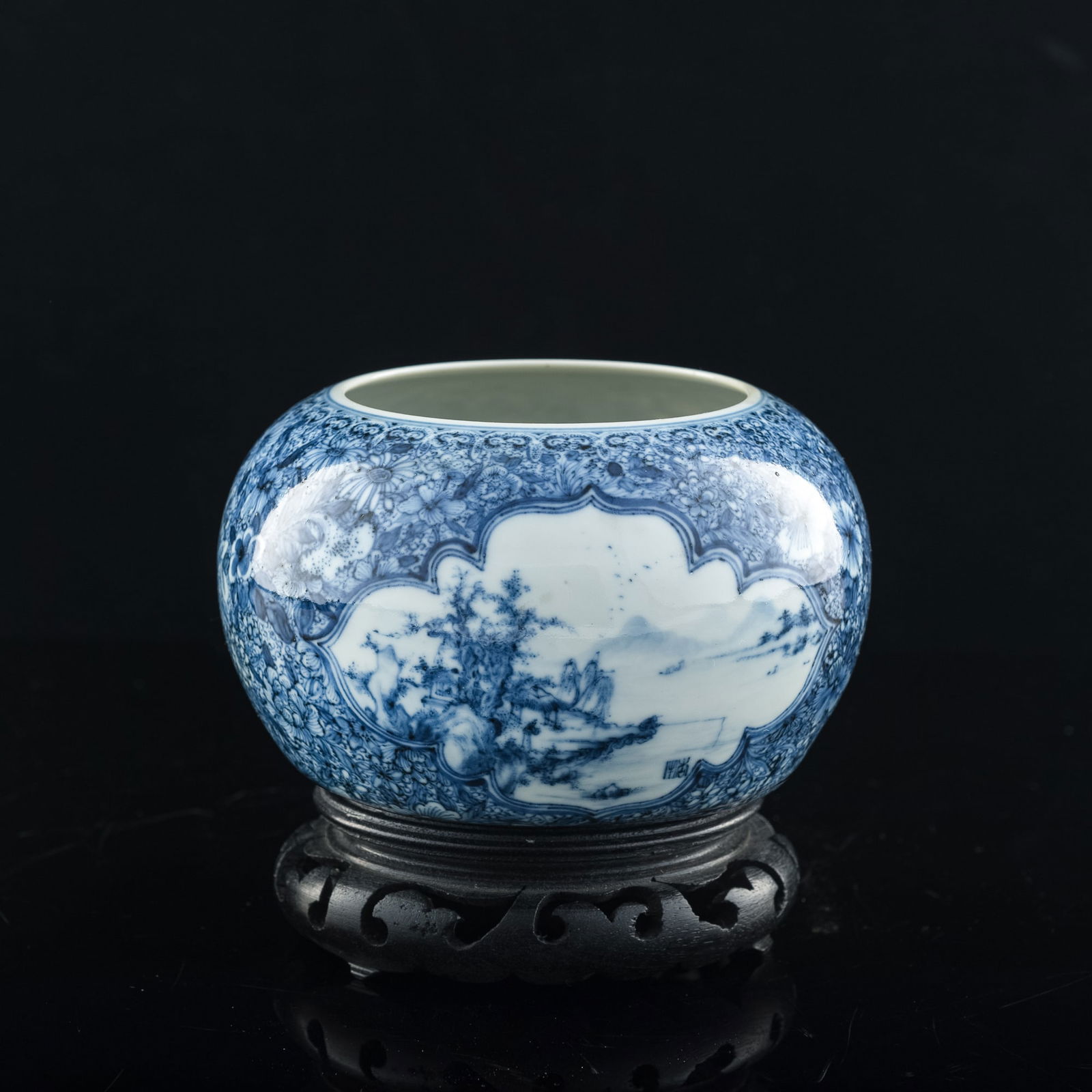 A Chinese blue and white 'landscape' brush washer, by Nie Xingsheng (Chinese, Republic period) (1 of 11)