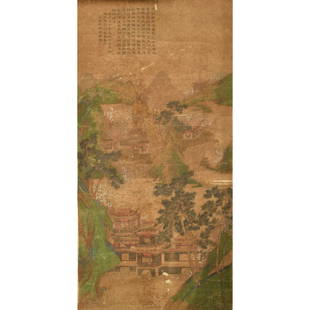 A Chinese 'landscape' scroll painting, attributed to Wen Zhengming (Chinese, 1470-1559): A Chinese 'landscape' scroll painting attributed to Wen Zhengming (Chinese, 1470-1559) With inscription, signature, and four seals; on silk. H: 36, W: 19 1/8 in. H: 91.44, W: 48.58 cm. (sight) Provena