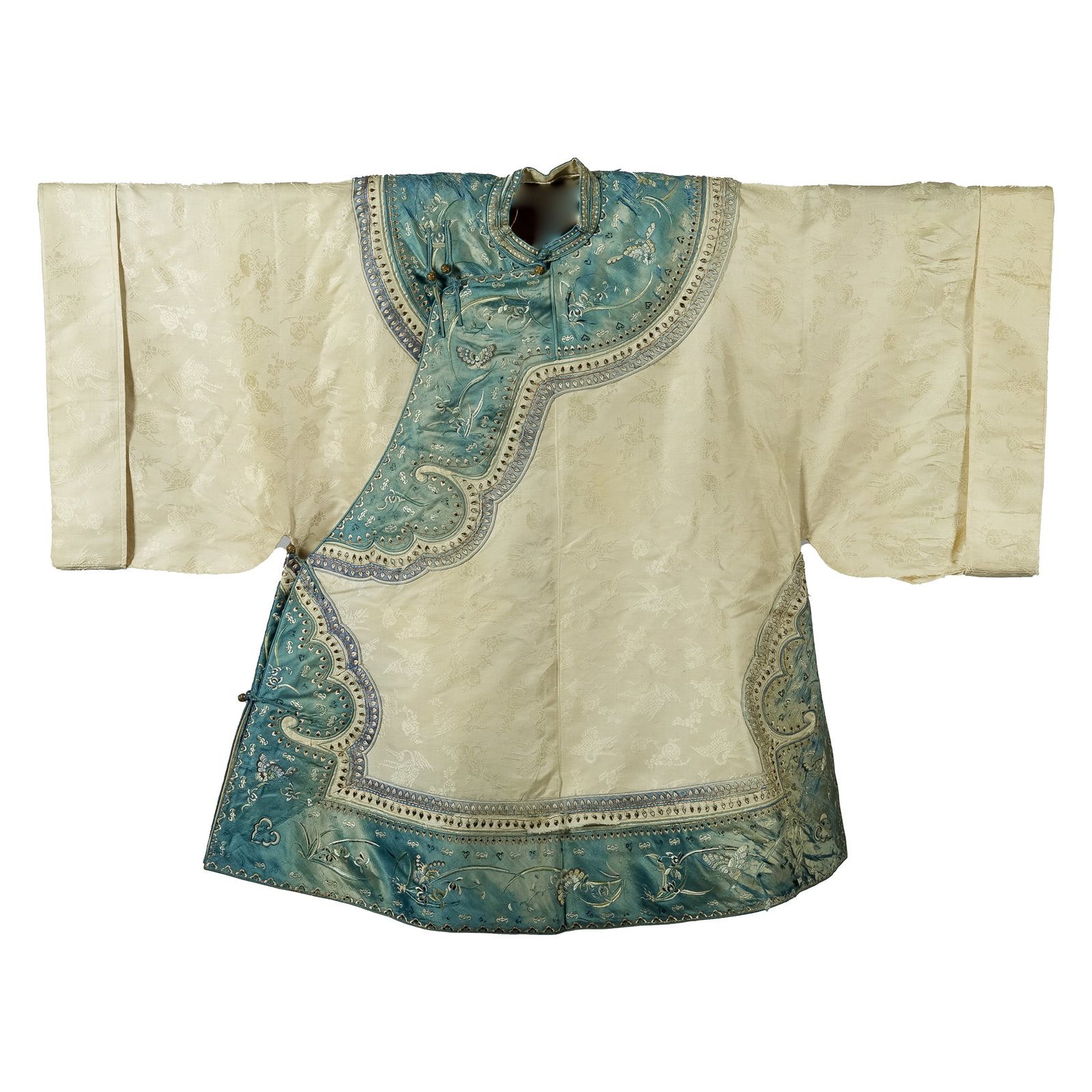 A Chinese white-ground embroidered lady's robe, 19th century: A Chinese white-ground embroidered lady's robe 19th century H: 36, W: 46 1/4 in. (H: 91.44, W: 117.48 cm.) Provenance: Private collection, Plano, Texas. Click h