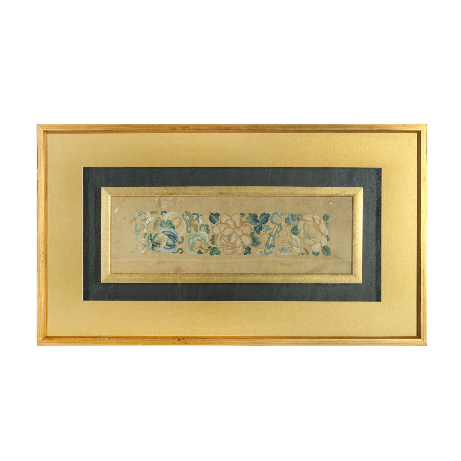 A Chinese 'floral' embroidered sleeve, 19th century: A Chinese 'floral' embroidered sleeve 19th century With central orange-tone blossom; framed. H: 6, W: 19 7/8 in. (H: 15.24, W: 50.48 cm. (sight)) Overall dimensions: H: 18, W: 32 in. (H: 45.72, W: 81.