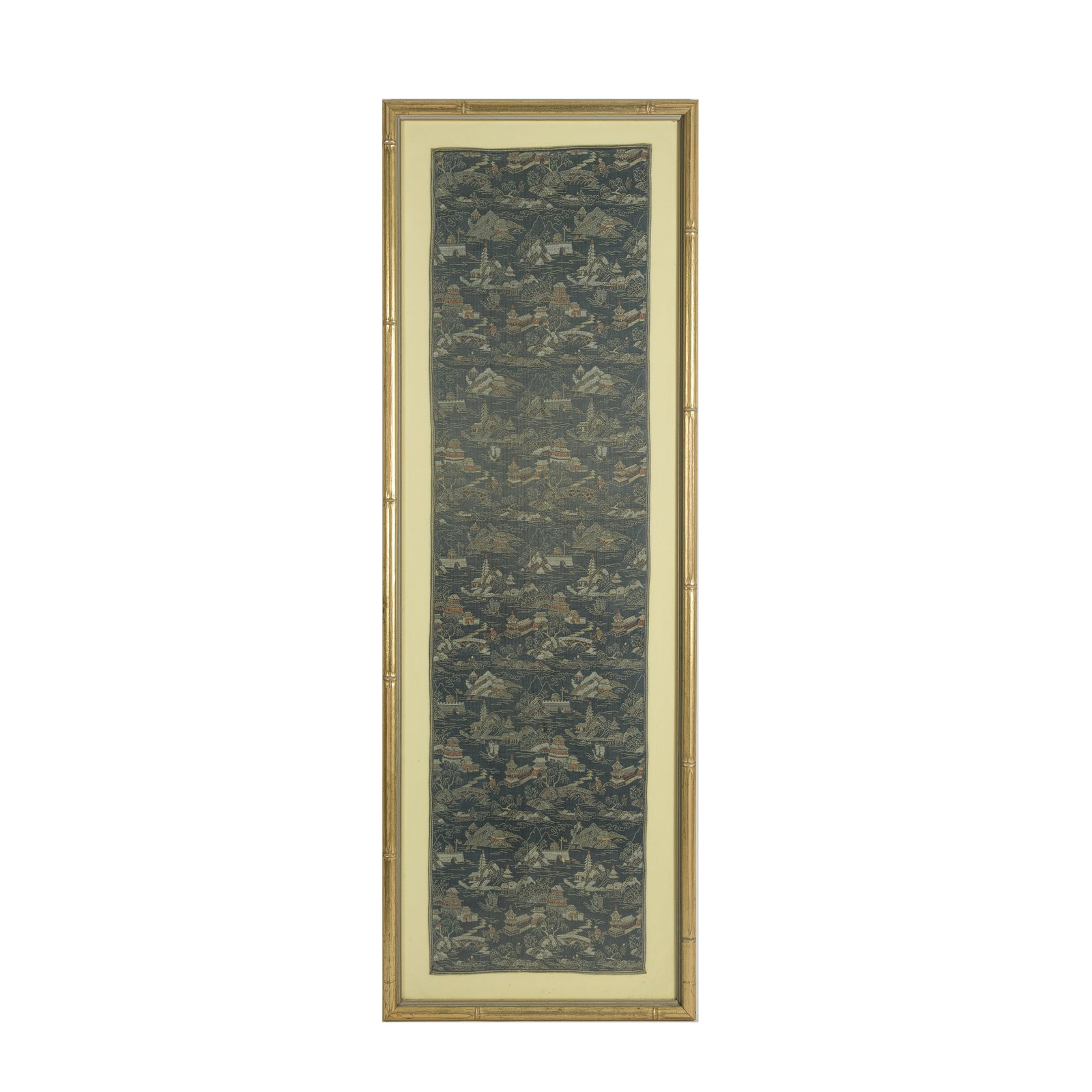 A Chinese damask 'landscape' panel, 19th century: A Chinese damask 'landscape' panel 19th century With various landscape and architectural vignettes; framed. H: 50 3/8, W: 13 1/4 in. (H: 127.95, W: 33.66 cm.) Provenance: Private collection, Plano, Te