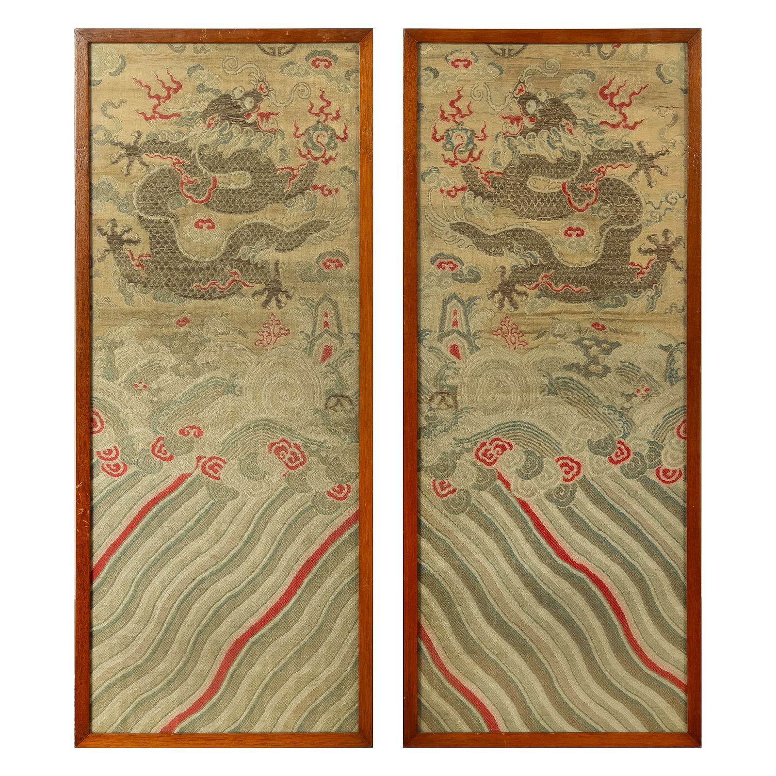 A pair of Chinese damask 'dragon' panels, 19th century (1 of 6)