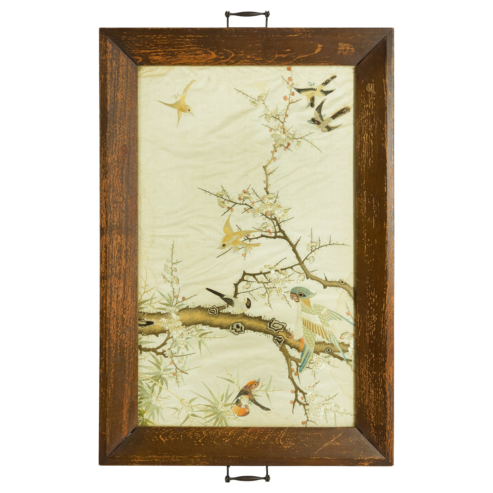A Chinese 'A Chinese 'birds and flowers' embroidery' embroidery, Republic period: A Chinese 'A Chinese 'birds and flowers' embroidery Republic period Centering floral and bird motif; framed. H: 24 1/2, W: 14 7/8 in. (H: 62.23, W: 37.78 cm. (sight)) Provenance: Private collection, P