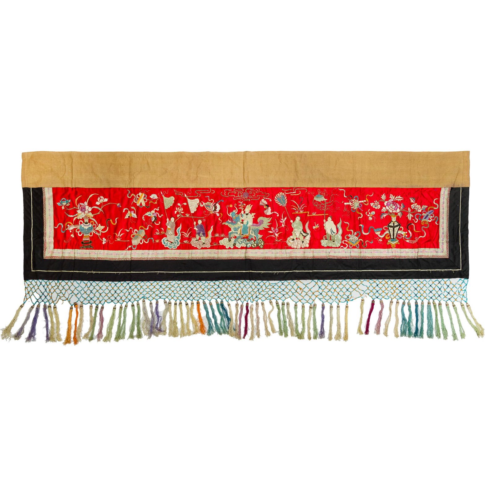 A Chinese red-ground embroidered 'qilin' silk bed spread, late 19th century (1 of 8)