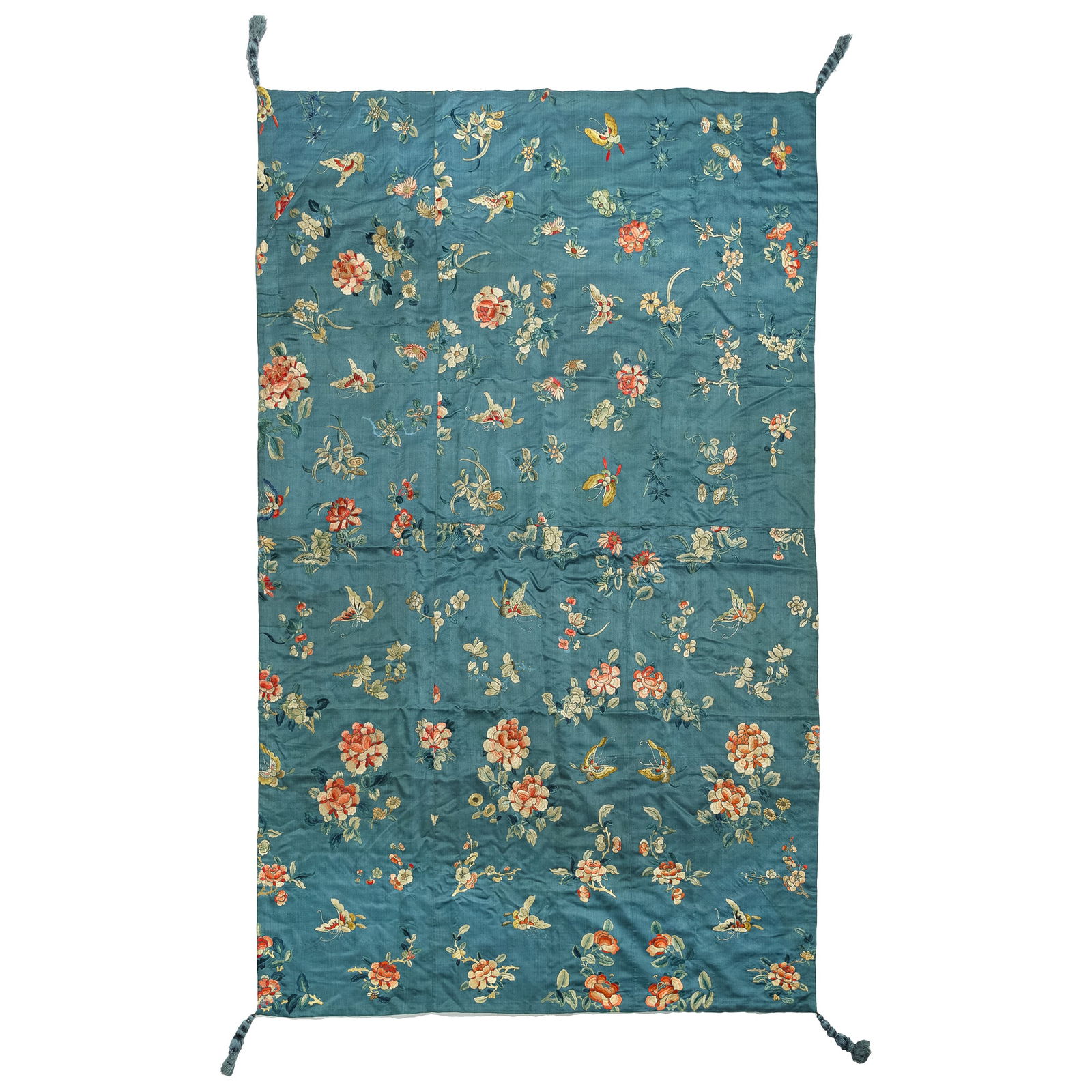 A blue-ground embroidered 'butterfly' table cloth, 19th century (1 of 5)