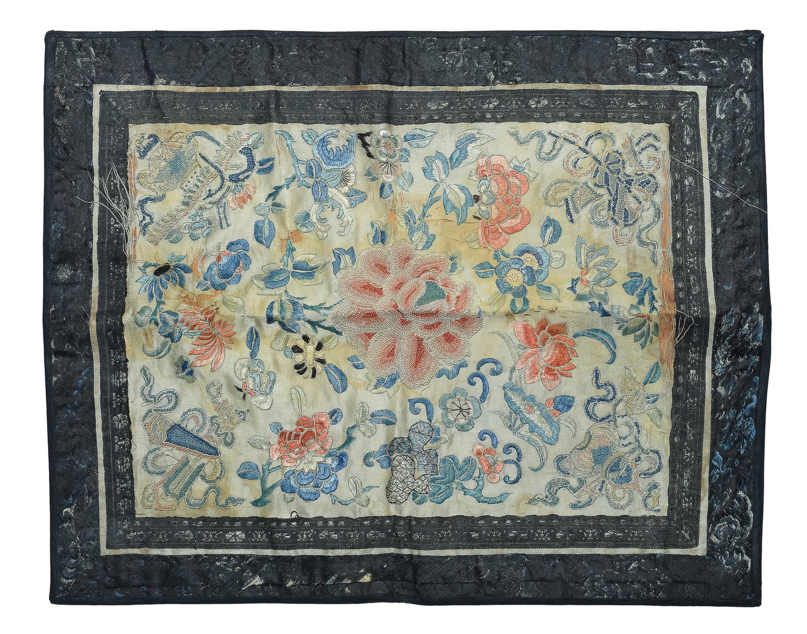 A Chinese silk embroidery, 19th century: A Chinese silk embroidery 19th century With forbidden stitch. H: 15, W: 12 in. (H: 38.10, W: 30.50 cm.) Provenance: Private collection, Washington D.C. The consignor's father-in-law, Nelson T. Johnson
