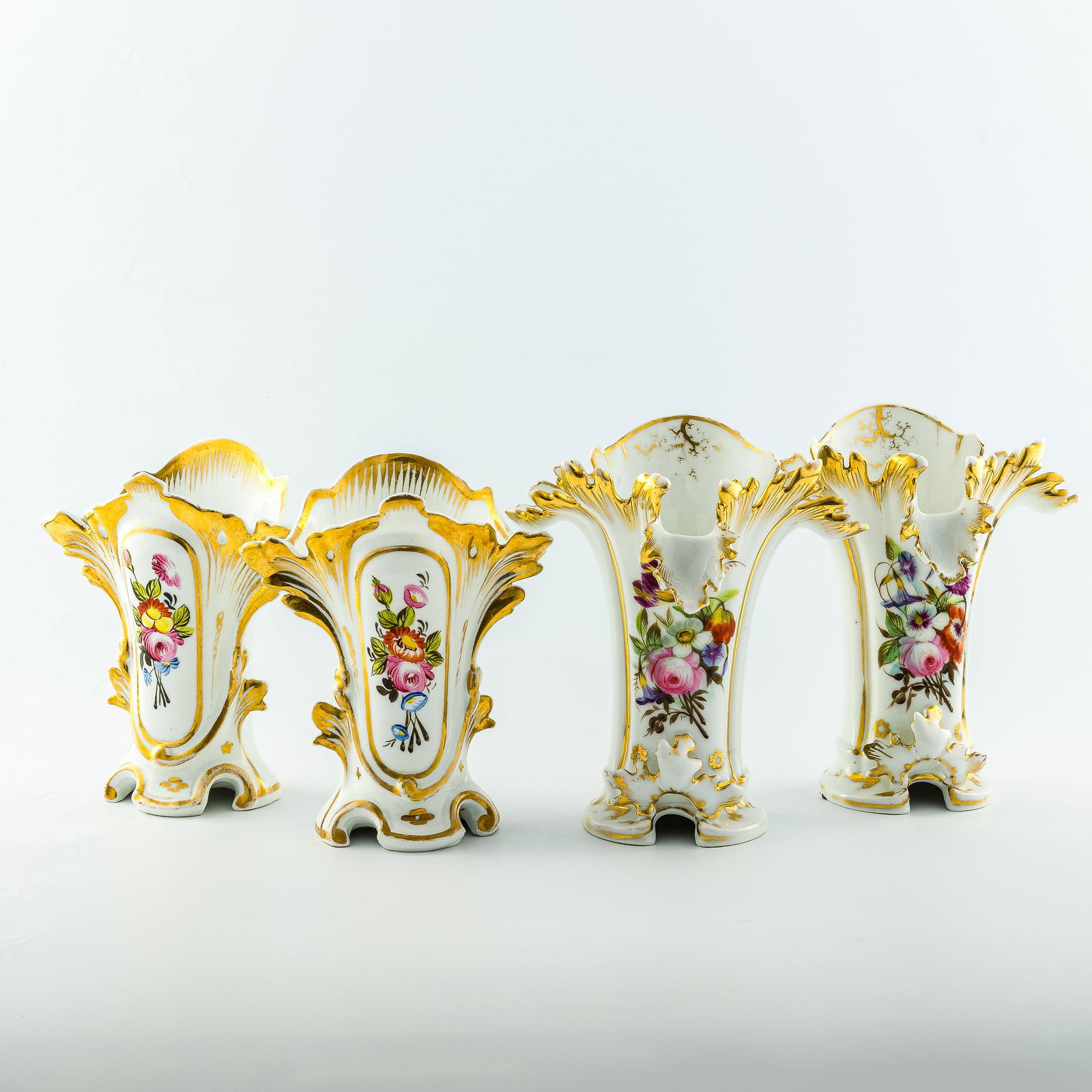 Two pairs of Napoleon III hand painted and parcel gilt spill vases, mid 19th century (1 of 10)