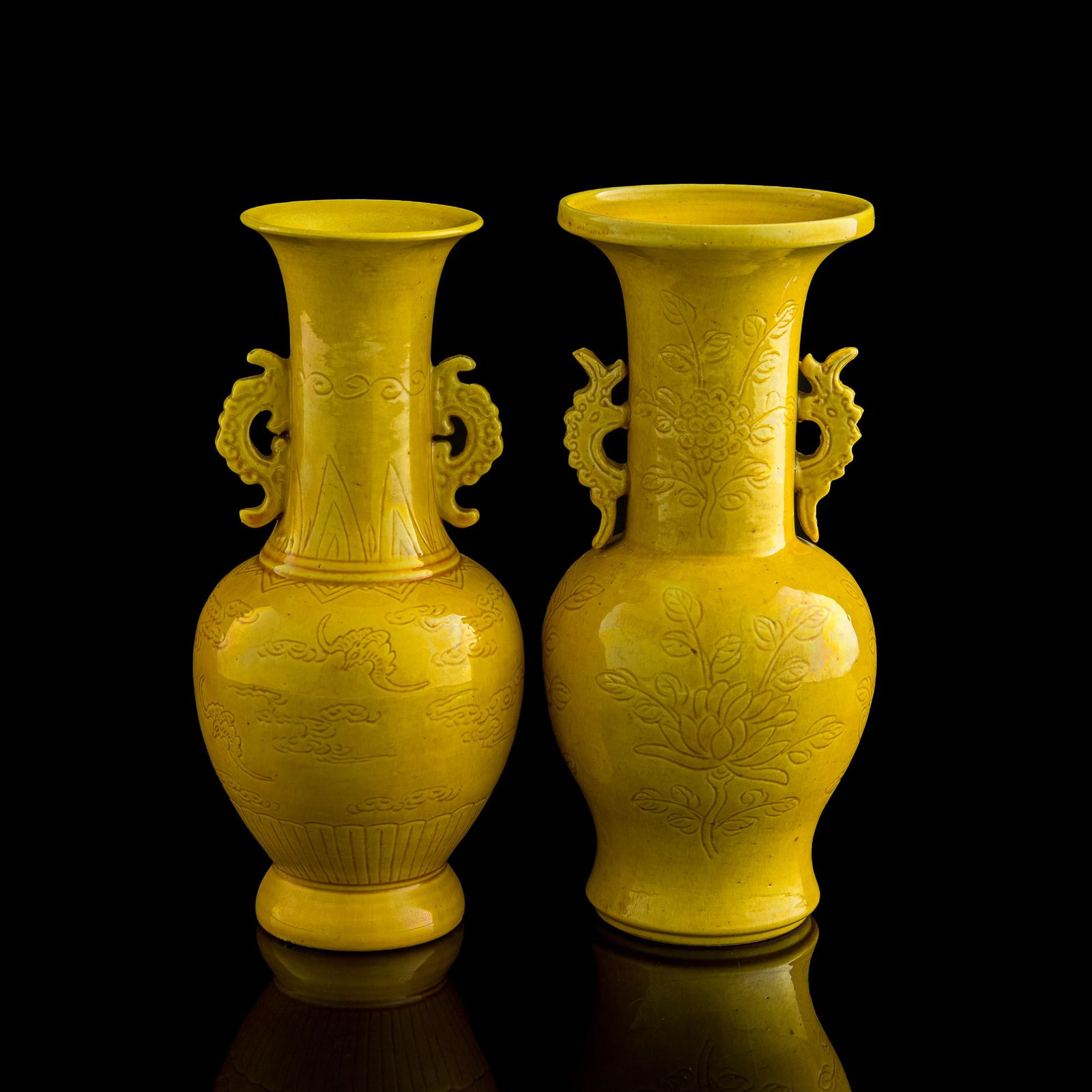 A near pair of Chinese yellow-glazed phoenix tail zun vases, late 19th century (1 of 9)