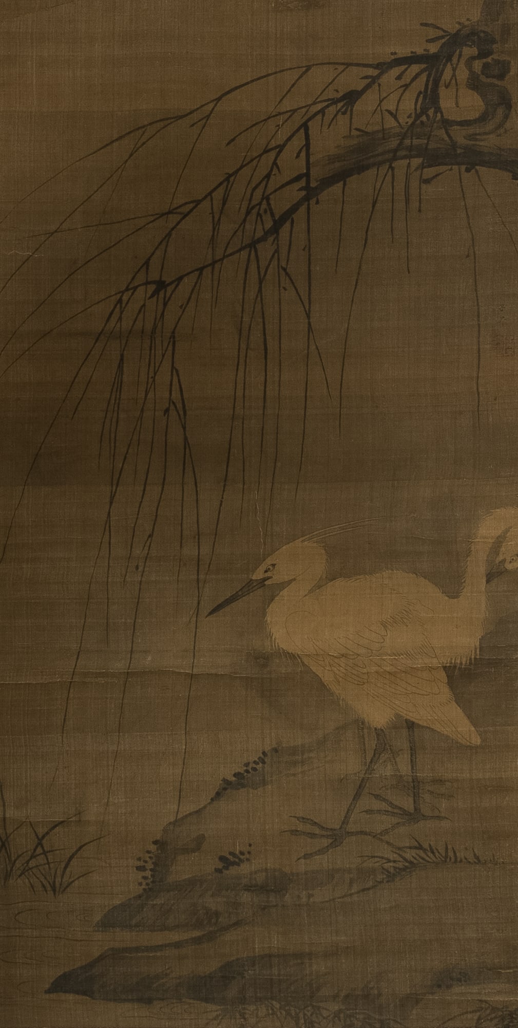 A Chinese 'crane' painting, attributed to Zhao Mengfu (Chinese, 1254-1332): A Chinese 'crane' painting attributed to Zhao Mengfu (Chinese, 1254-1332) The painting, which has a signature and seal, depicts a pair of cranes; on silk. Sold with associated wooden box. H: 36 3/4, W