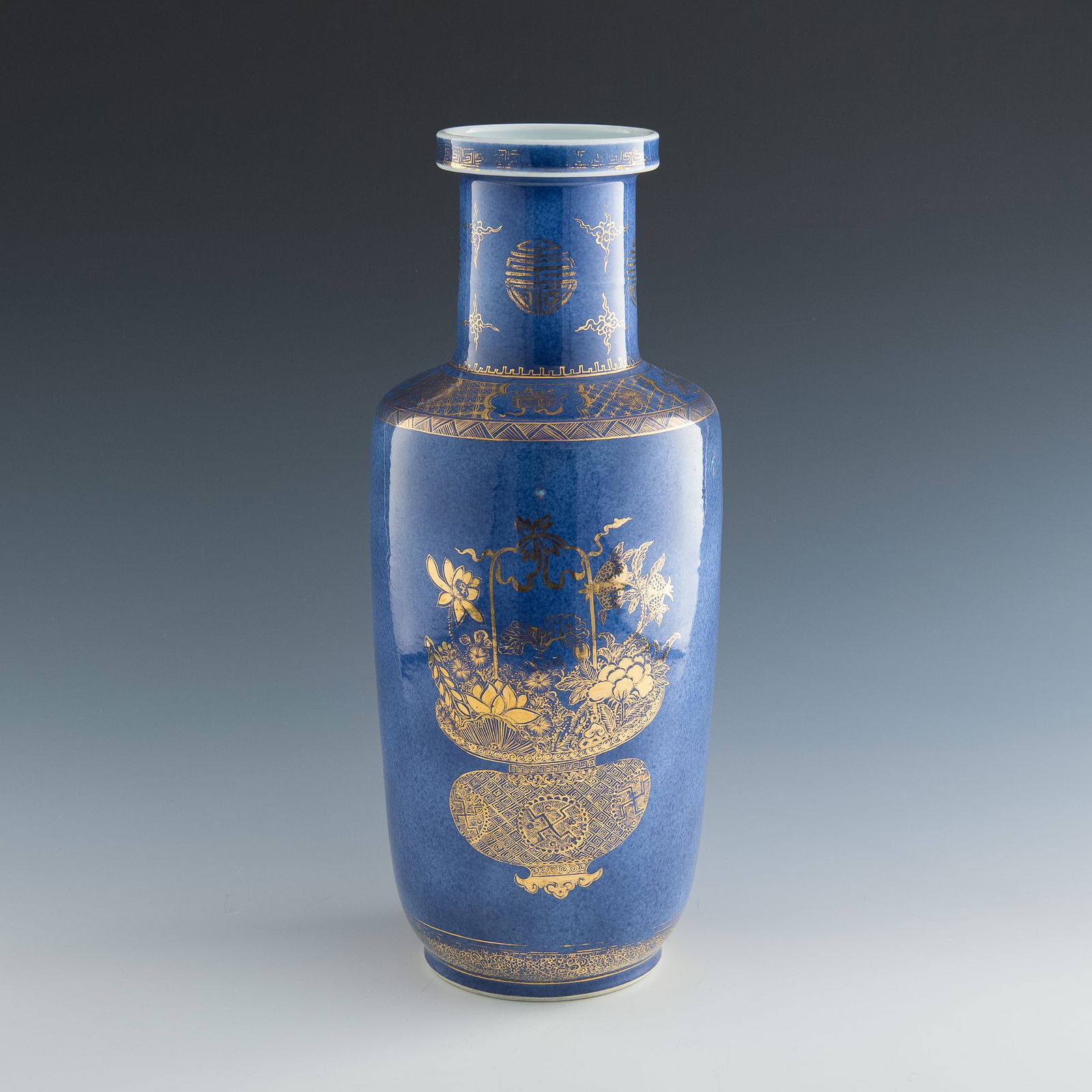 A Chinese powder blue-ground gold-enameled 'flower' vase, 19th century (1 of 7)