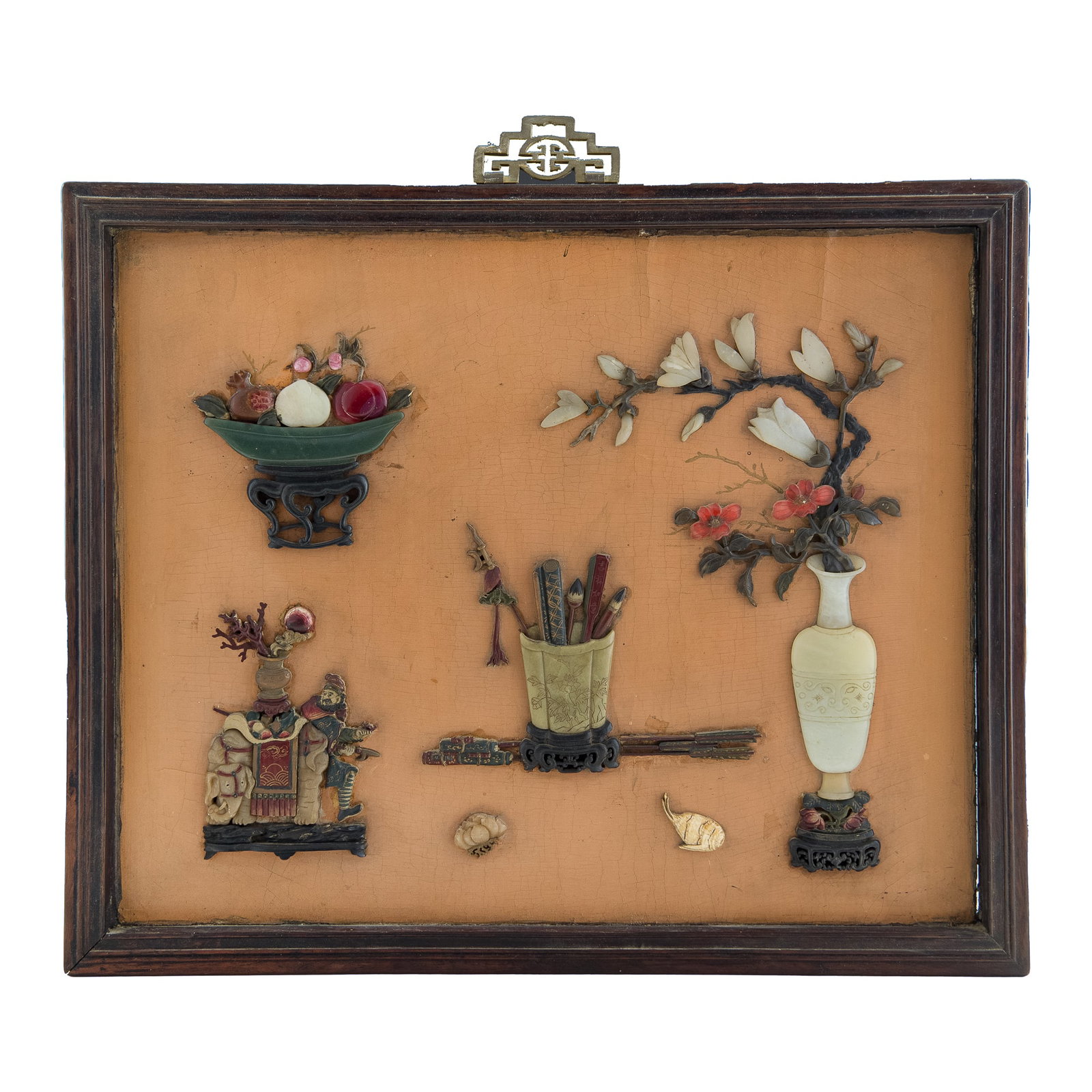 A Chinese precious stone-inlaid 'hundred antiques' hardwood panel, early 19th century: A Chinese precious stone-inlaid 'hundred antiques' hardwood panel early 19th century H: 20, W: 21 7/8 in. (H: 50.80, W: 55.56 cm. (overall)) Provenance: From Mrs. Lee, Granada Hills, California. A fam