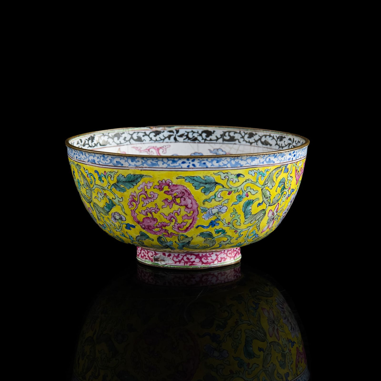 A Chinese yellow-ground painted enamel copper bowl, early 19th century (1 of 8)