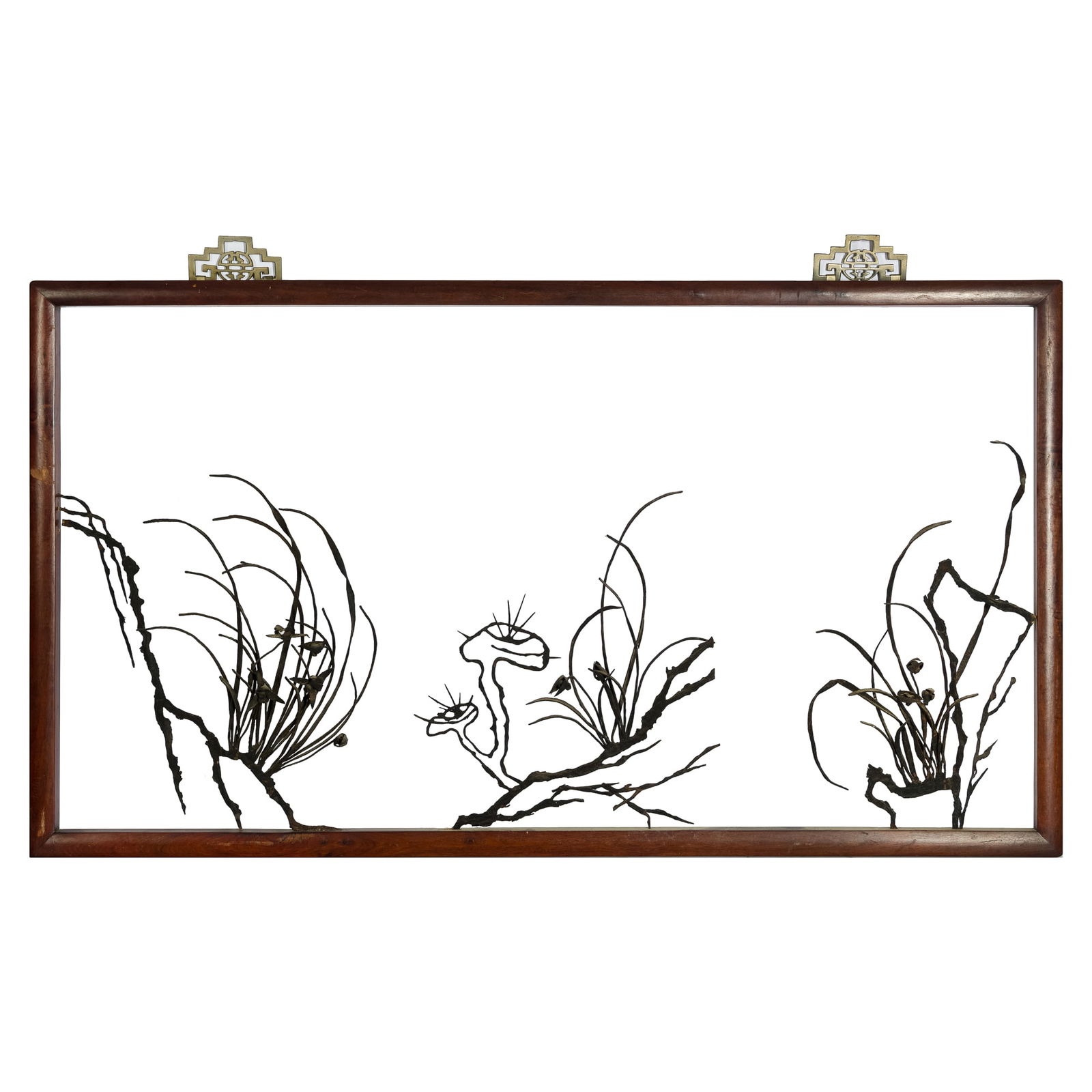 A Chinese hardwood panel with iron wire orchid, 19th century (1 of 4)