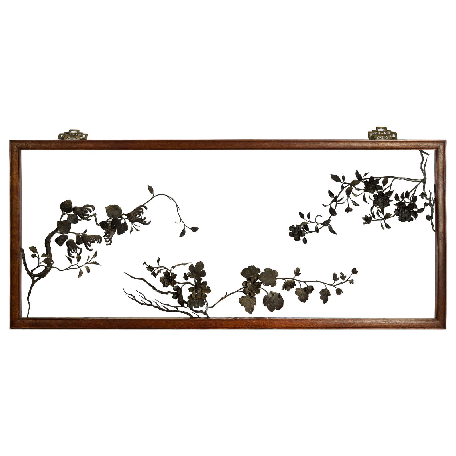 A Chinese hardwood panel with iron wire flowers, 19th century (1 of 5)