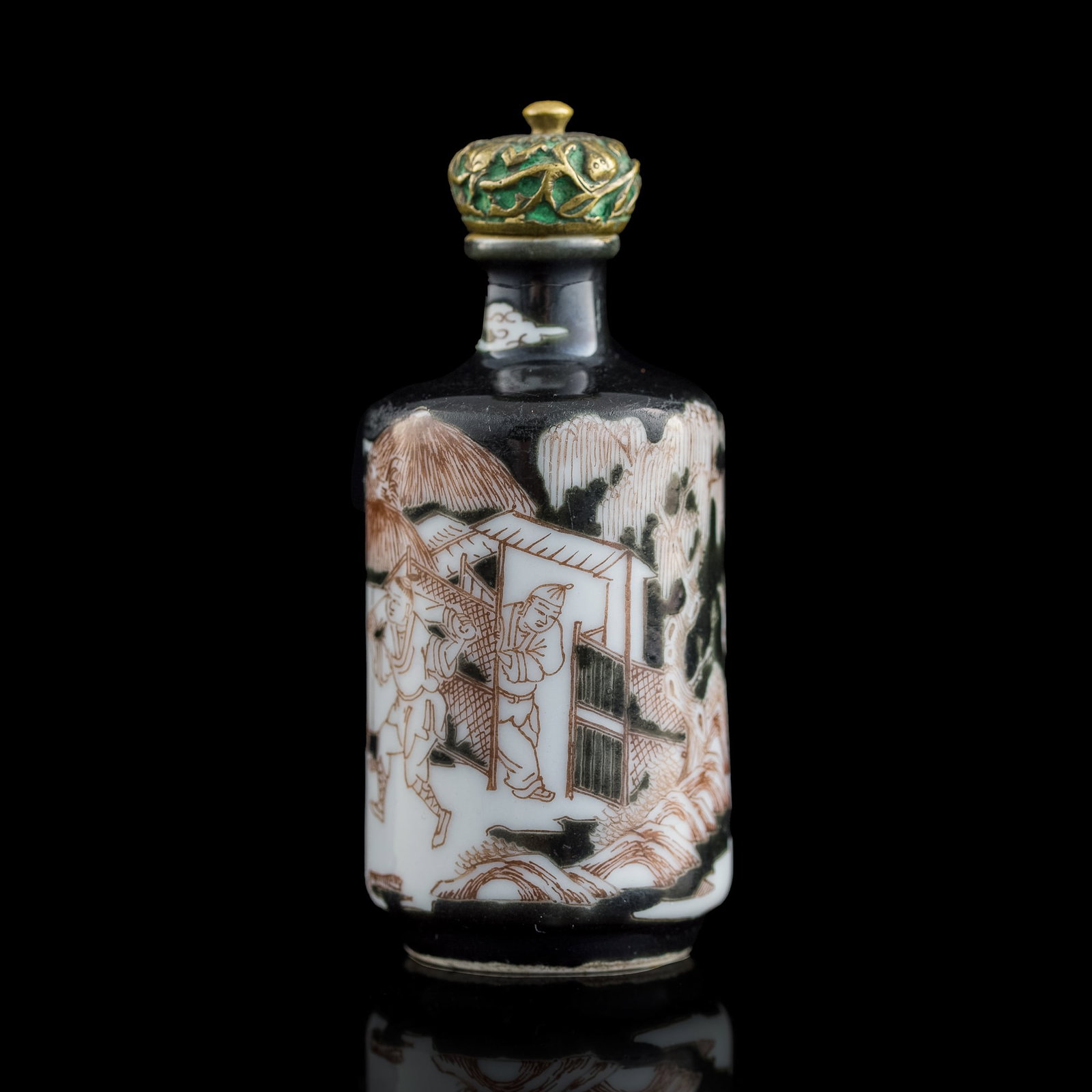 A Chinese black-ground brown-enameled snuff bottle, Daoguang period, Qing dynasty: A Chinese black-ground brown-enameled snuff bottle Daoguang period, Qing dynasty The bottle depicts a group leaving a village on foot and horseback into a mountainous landscape; a knobbed tree separat
