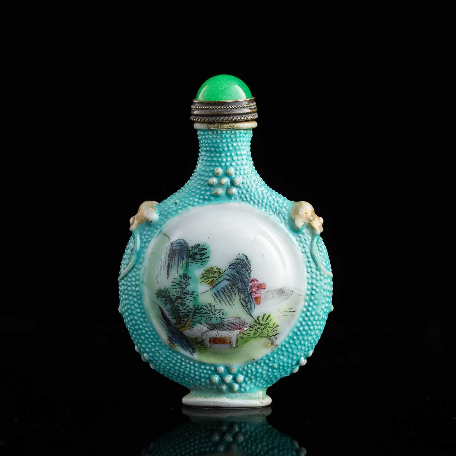 A Chinese turquoise-ground famille rose 'landscape' snuff bottle, early 19th century (1 of 10)