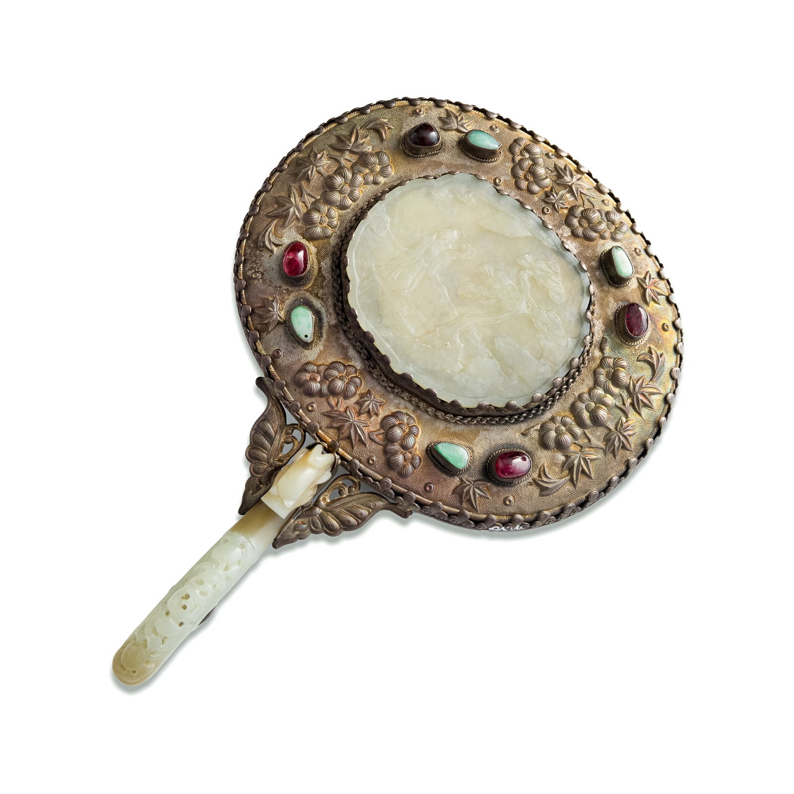 A Chinese jade plaque-inset mirror with dragon hook handle, 19th century (1 of 7)