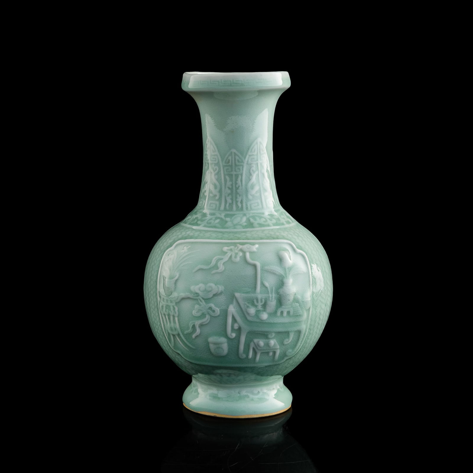 A Chinese celadon-glazed 'hundred antiques' vase, Republic period (1 of 9)