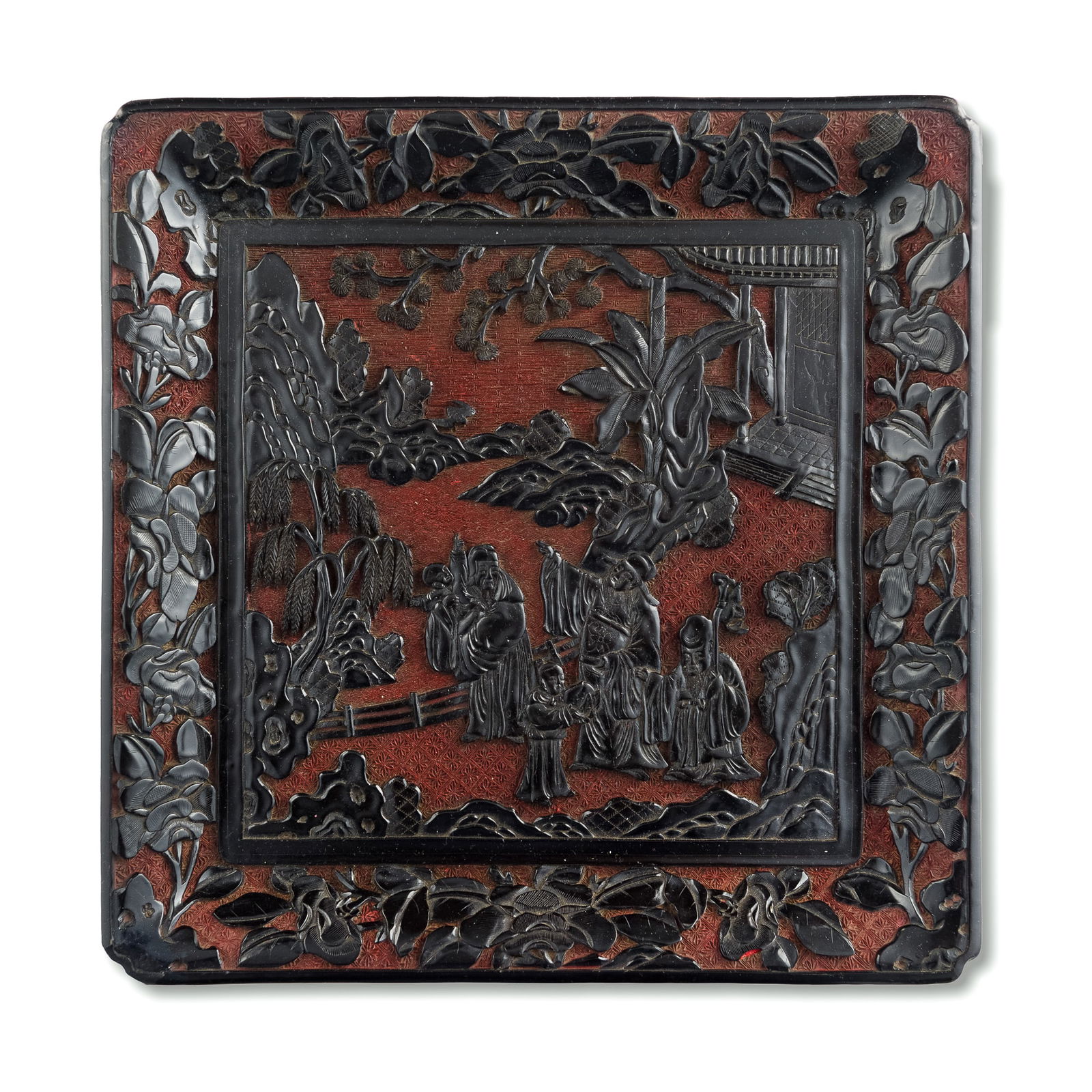 A Chinese carved cinnabar 'Sanxing' square plate, 19th century (1 of 6)