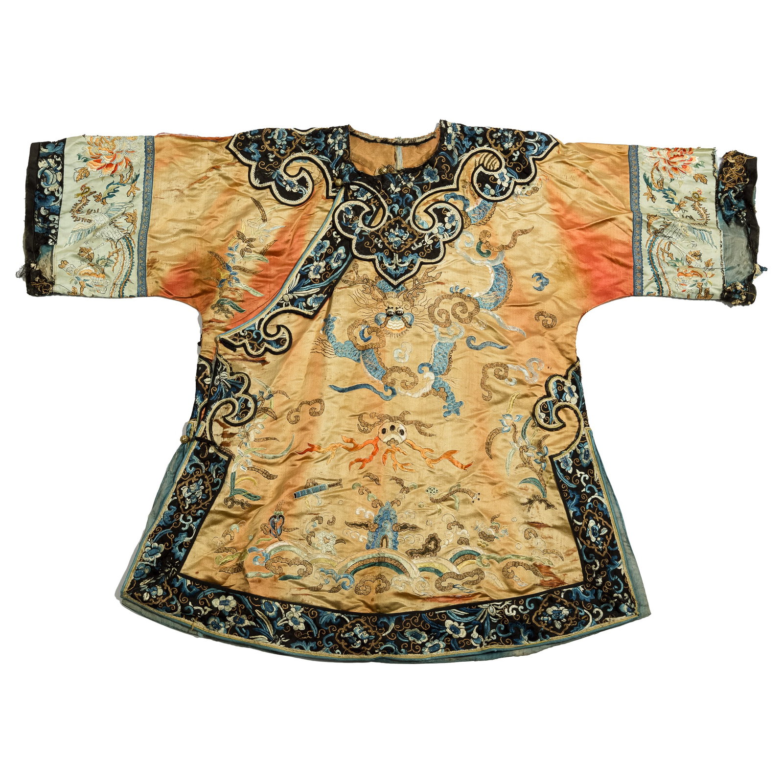 A Chinese orange-ground embroidered lady's robe, late 19th century: A Chinese orange-ground embroidered lady's robe late 19th century With goldwork throughout. H: 29, W: 40 in. (H: 73.66, W: 101.60 cm. (overall)) Provenance: Private collection, Florida.