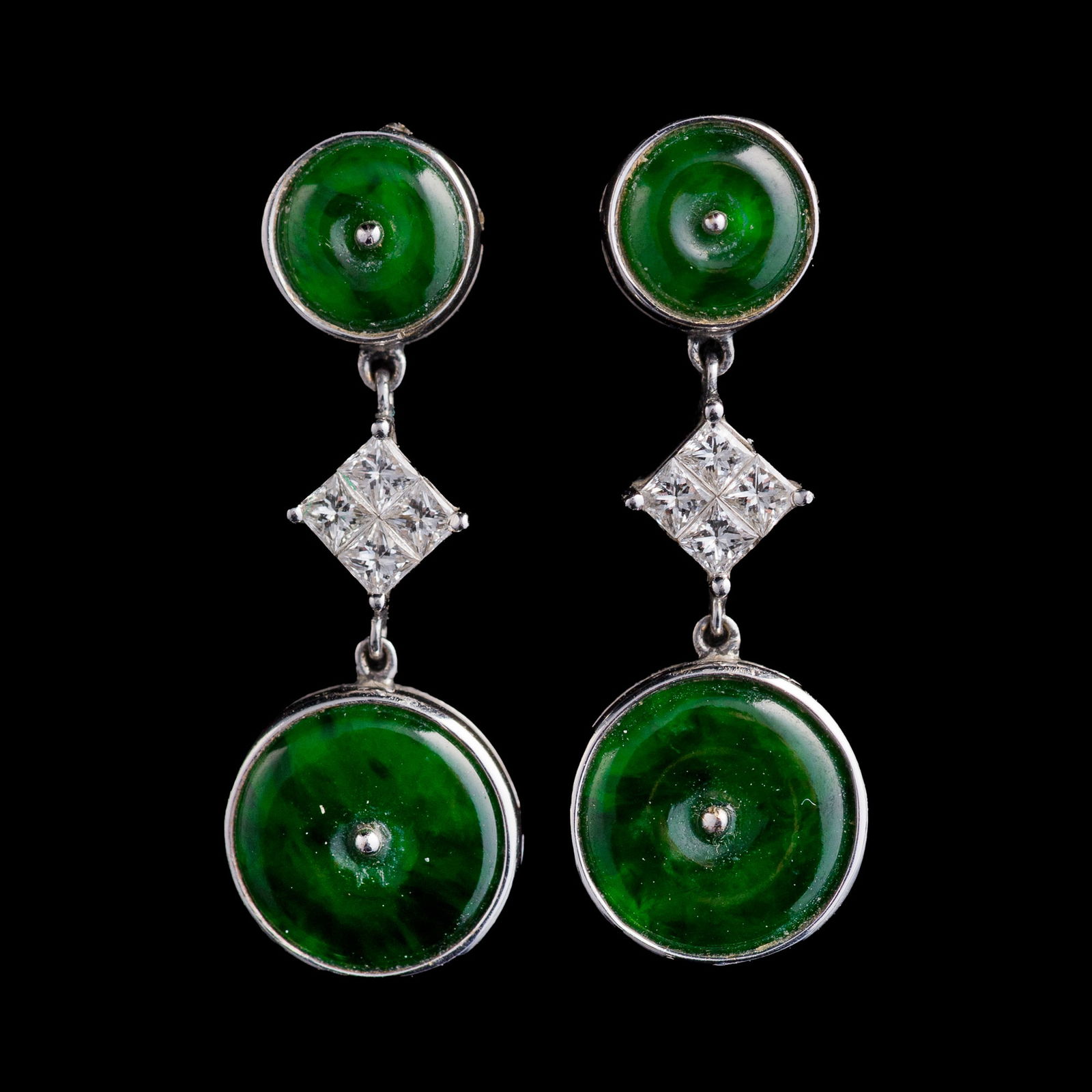A pair of Chinese white gold-encased jadeite earrings (1 of 6)