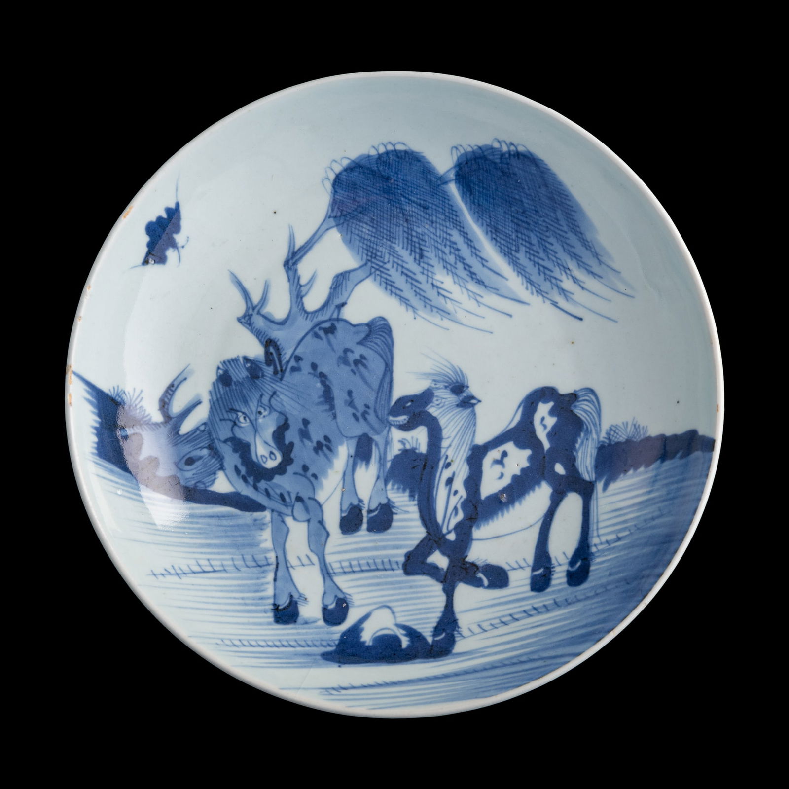 A Chinese blue and white 'two horses' plate, Yongzheng period, Qing dynasty (1 of 4)