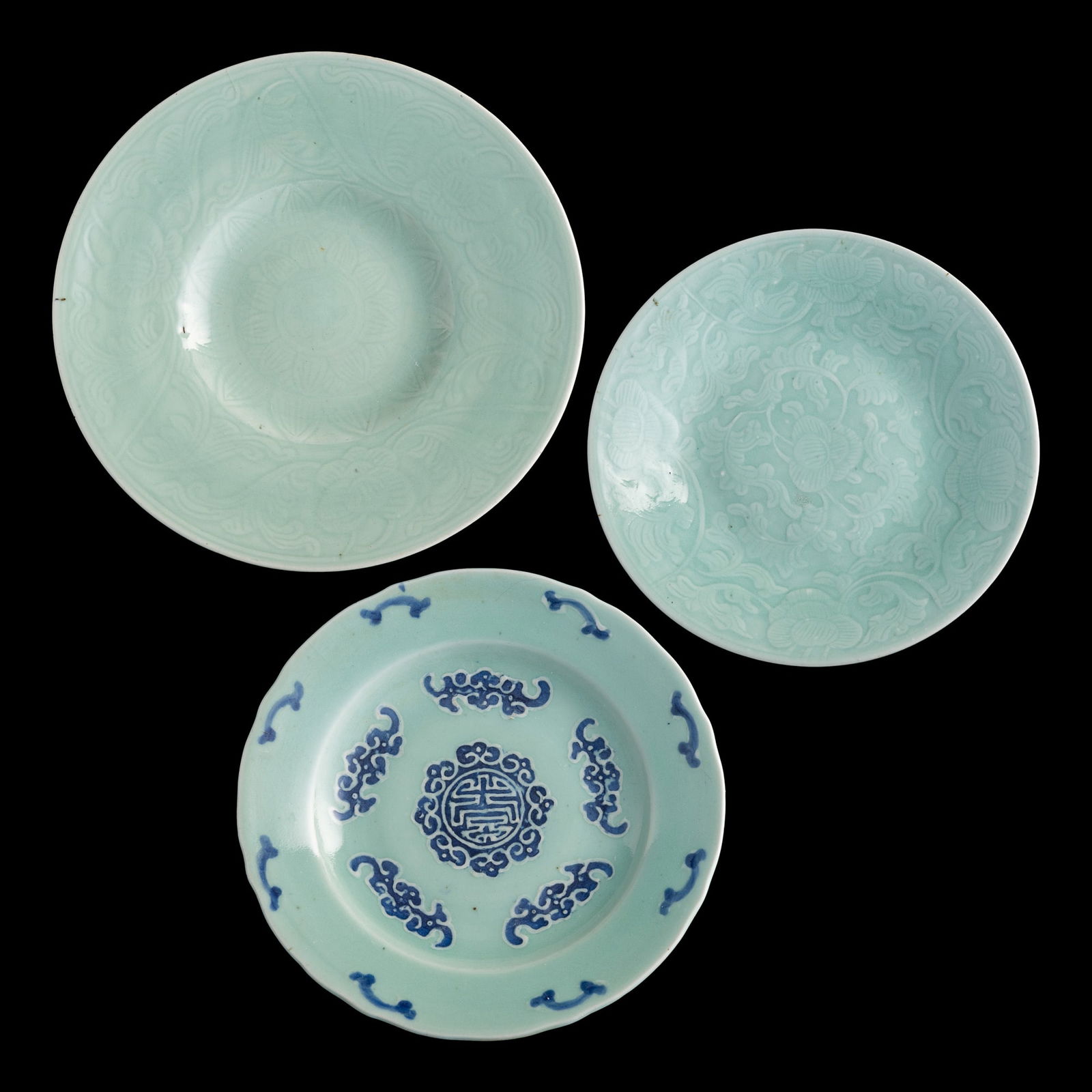 Three Chinese celadon-glazed plates, 18th century (1 of 9)