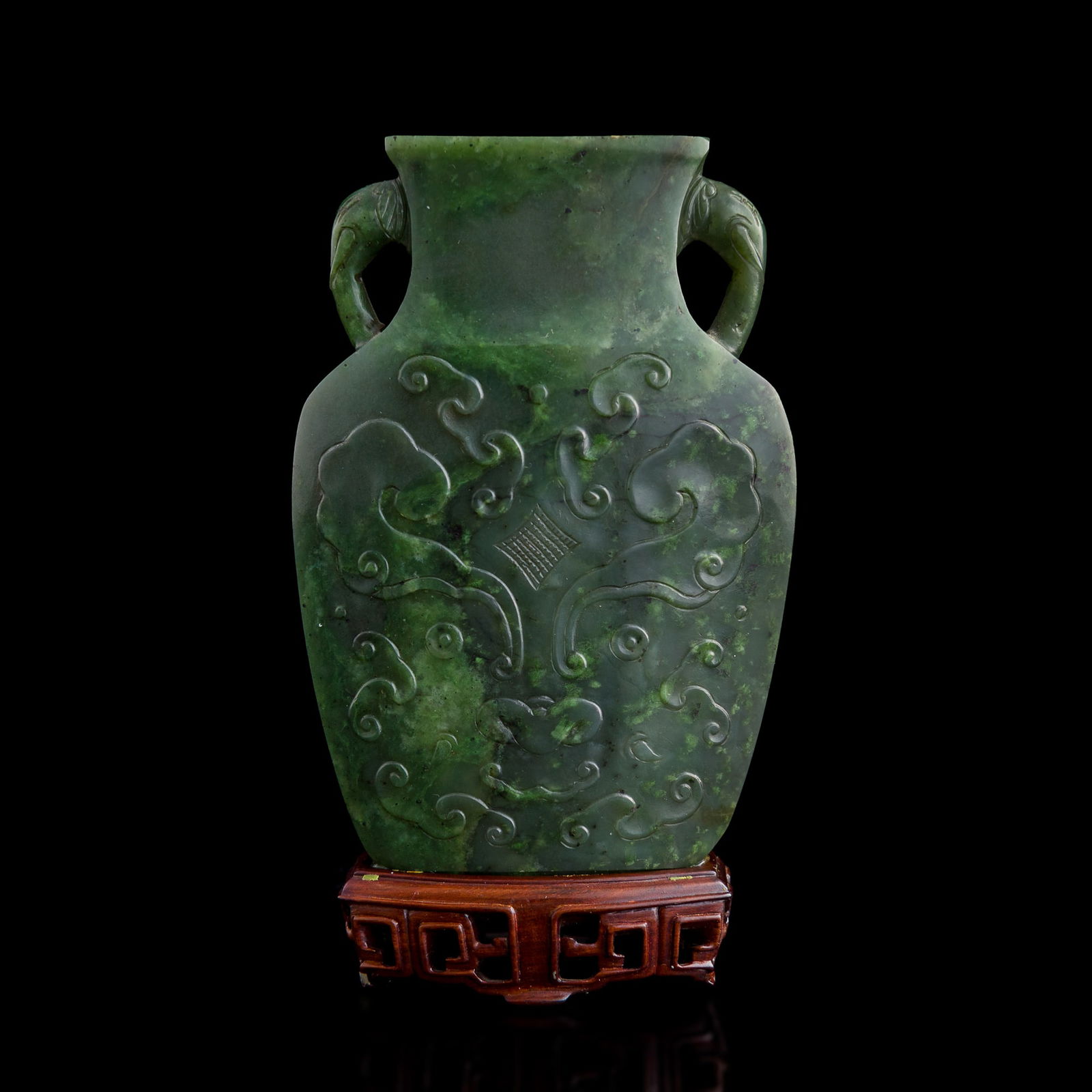 A Chinese carved spinach jade vase with 'elephant-trunk' handles, 18th century (1 of 8)