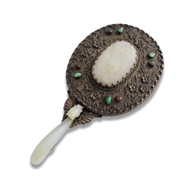 A Chinese silver mirror with inlaid jade plaque and dragon hook handle, 19th century