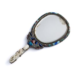 A Chinese silver enamel mirror with jade dragon hook handle, 19th century
