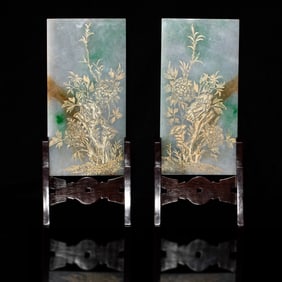 A pair of Chinese jadeite screens with gilt longevity characters, 19th century