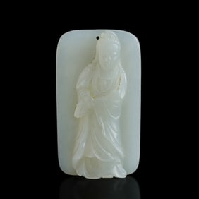 A Chinese white jade 'Guanyin' and 'poem' plaque, Qing dynasty