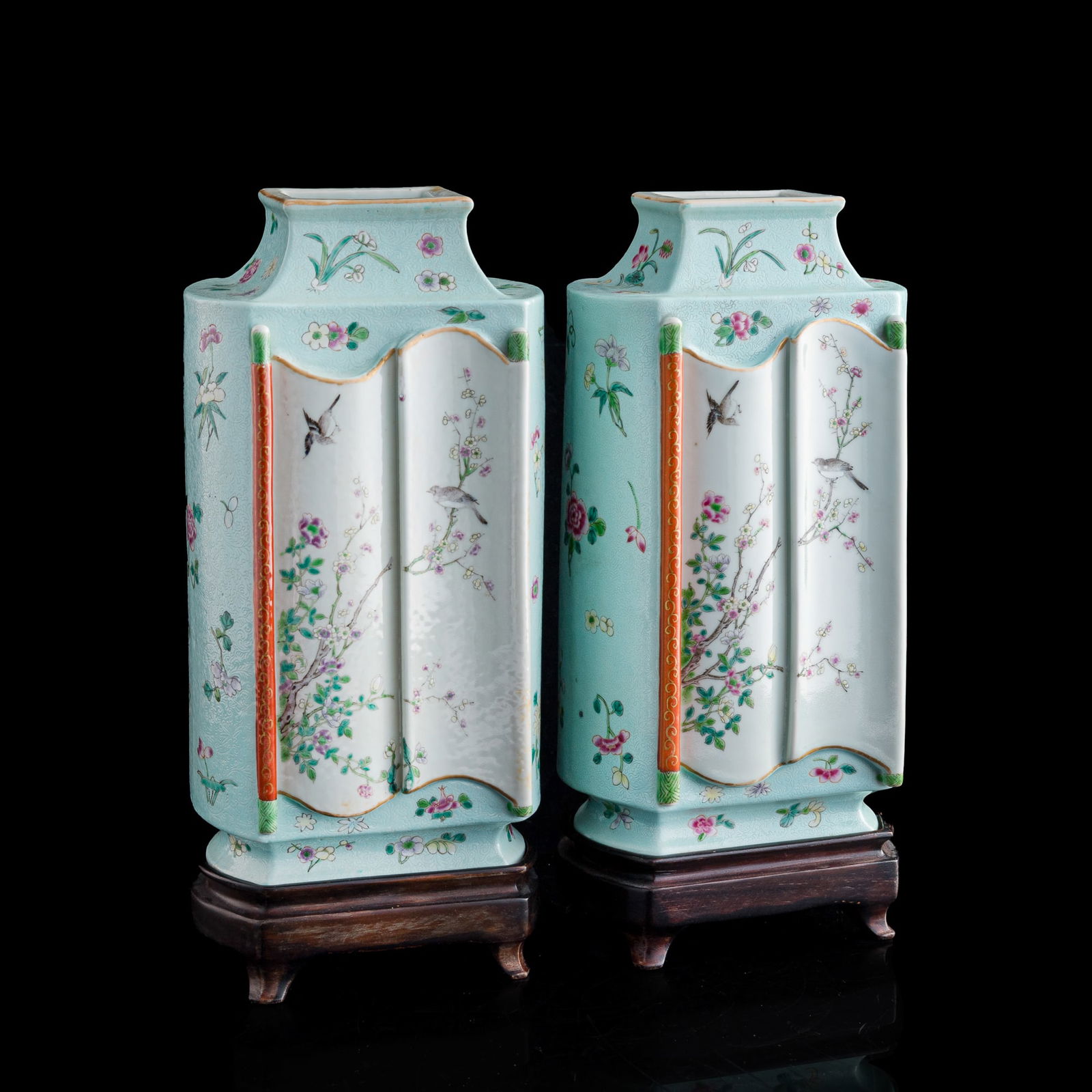 A pair of Chinese turquoise-ground famille rose vases, Republic period (1 of 14)