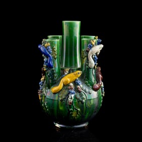 A Chinese green-glazed five-tube carved porcelain vase, 19th century