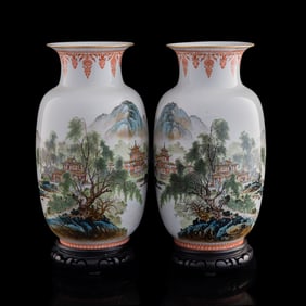 A pair of Chinese famille rose 'landscape' lantern vases, 1950s-1960s