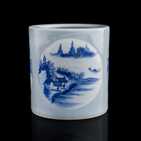 A Chinese clair-de-lune-ground blue and white 'landscape' brush pot, Republic period